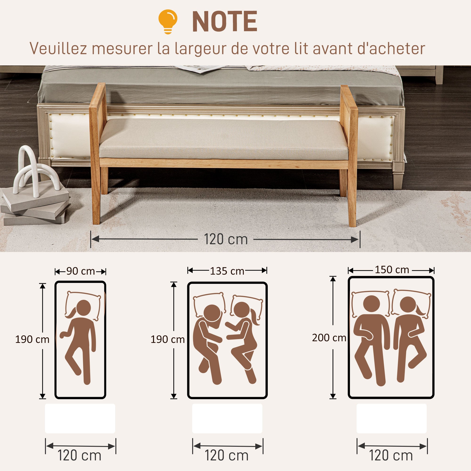 End of Bed Bench, Entryway Bench, Rattan Armrests and Solid Wood Frame, Linen-Effect Upholstered Seat, End of Bed for Bedroom, Living Room, Modern Design, Cream