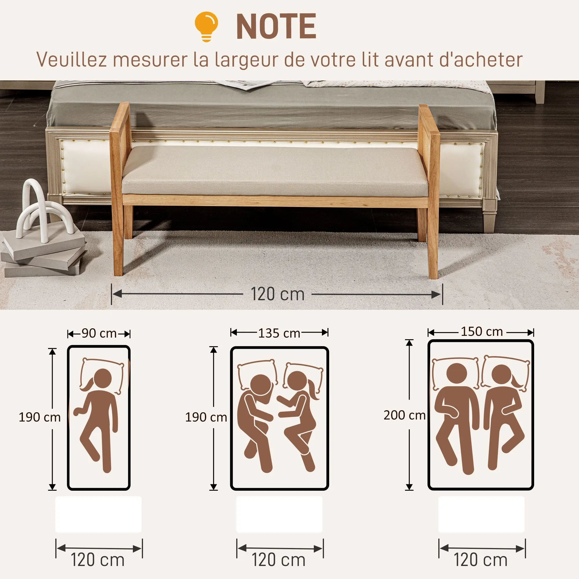 End of Bed Bench, Entryway Bench, Rattan Armrests and Solid Wood Frame, Linen-Effect Upholstered Seat, End of Bed for Bedroom, Living Room, Modern Design, Cream