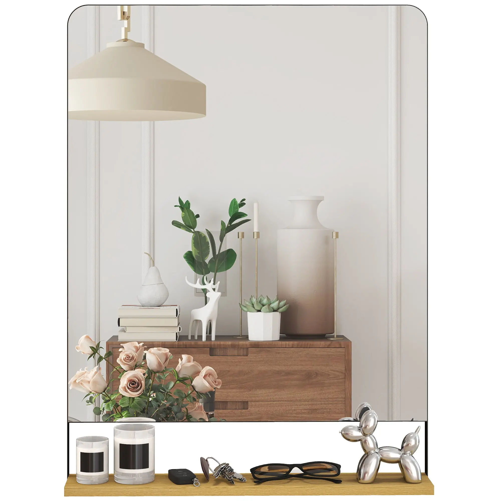 Wall Mirror 31.5 x 23.6 in with Wood Shelf — Modern Rectangular Hanging Mirror with Metal Frame for Entryway, Living Room, Bathroom, Bedroom, Black