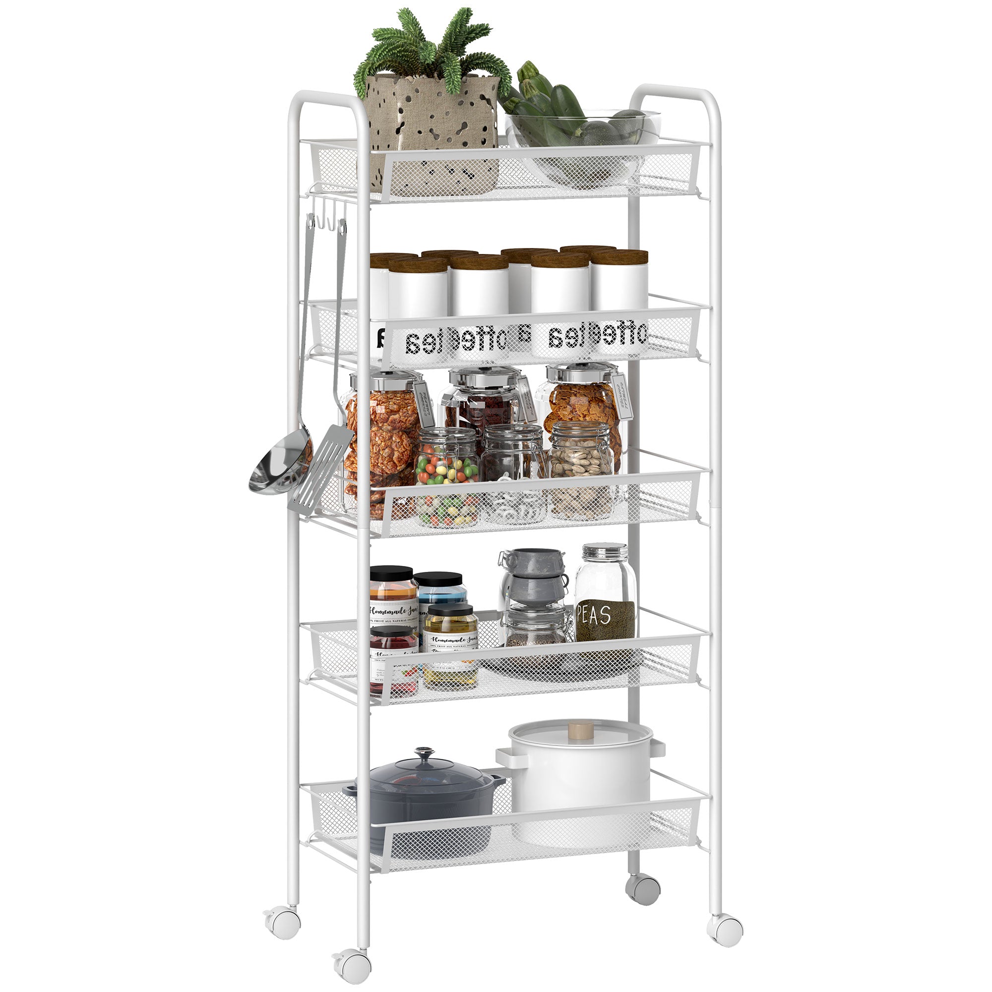 HOMCOM platzsparender 5-stufiger Küchenwagen mit Stahl-Gitterkörben, Aufbewahrungswagen für Wohnzimmer und Schlafzimmer, Stahl, 45x26.5x106 cm, Weiß
