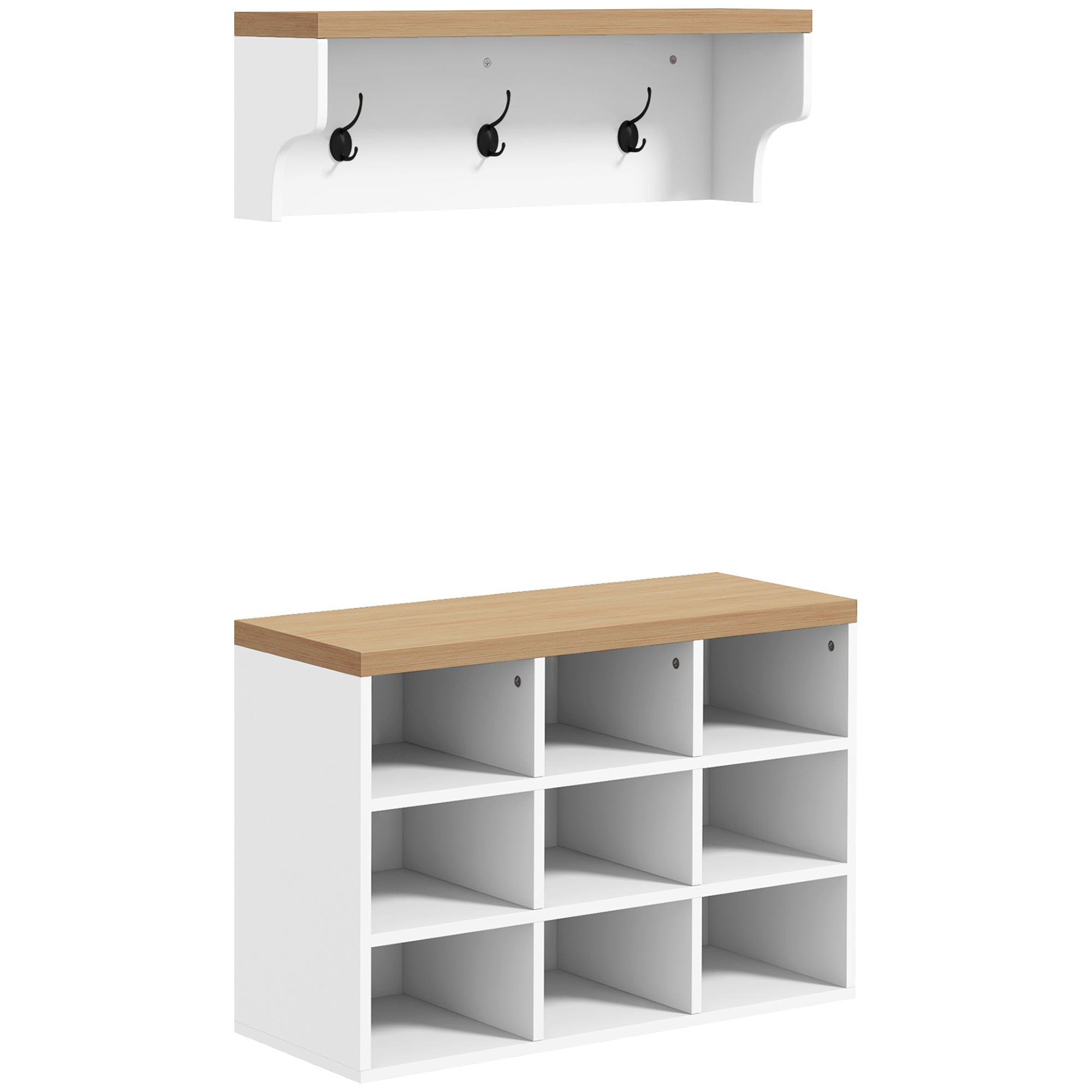 HOMCOM Előszoba Kabát állvány és Cipő Padozat 2 az 1-ben Előszobai Bútor 3 Fogantyúval és Polcokkal 9 Pár Cipőnek 75x30x50 cm és 75x20x22.5 cm Fehér