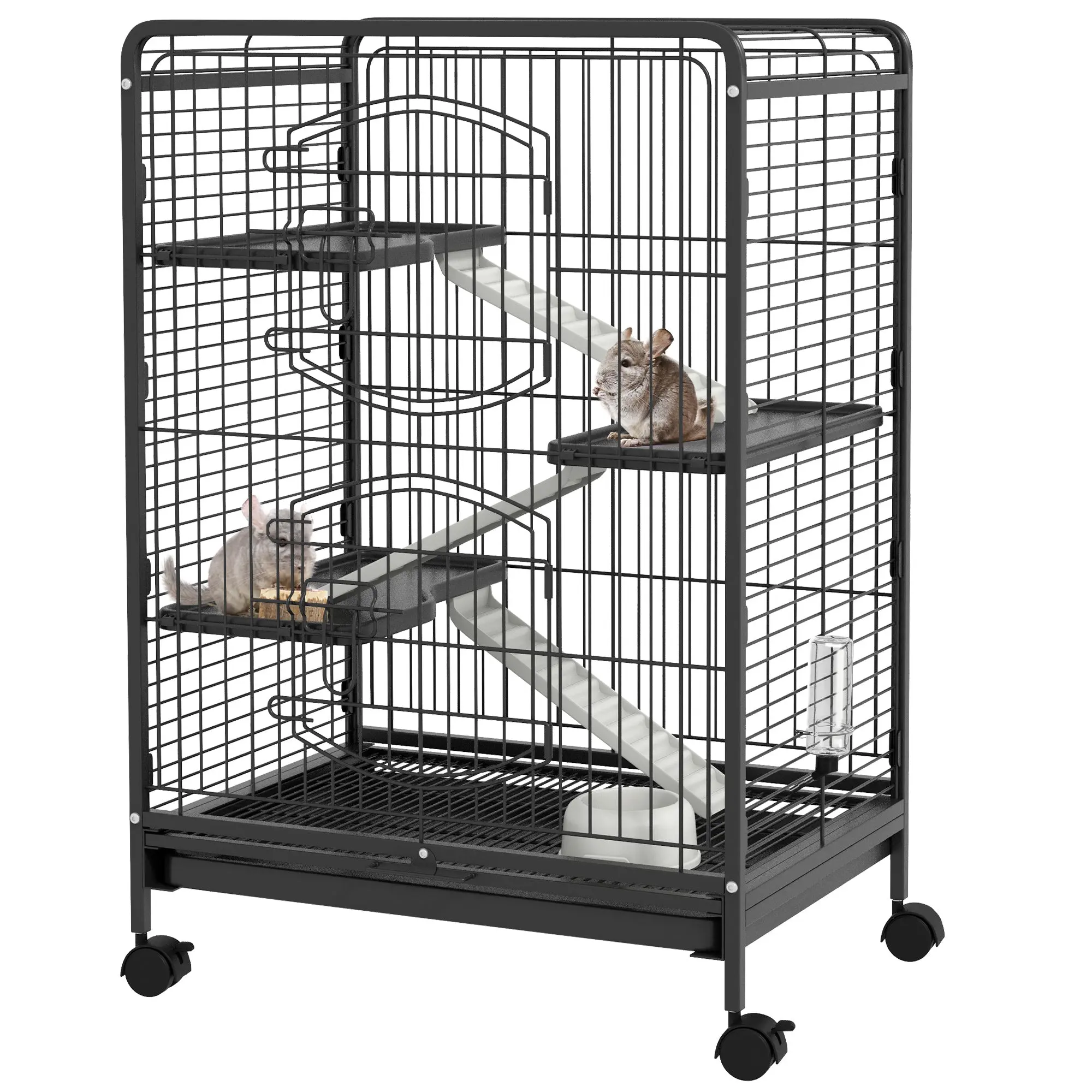 Small Animal Cage with Wheels, Multi-Level Rabbit Chinchilla Ferret Cage with Ramps, Platforms, Water Bottle, Food Bowl, Removable Tray and Lockable Wheels, Black