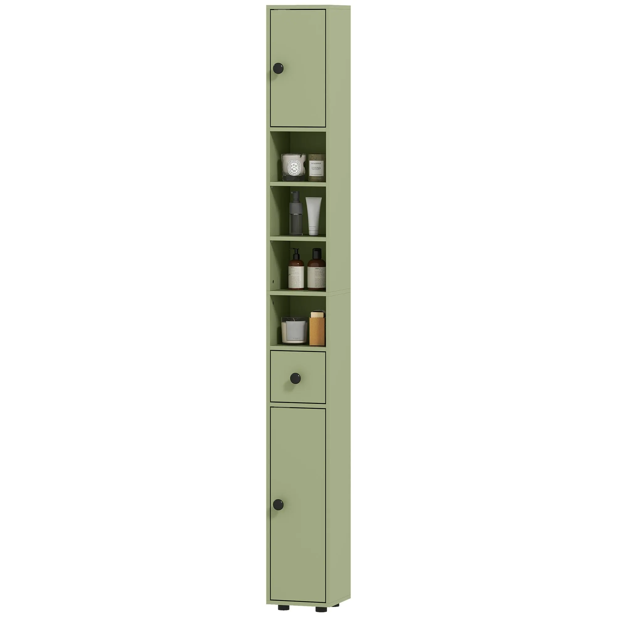 Slim Bathroom Cabinet, Tall Narrow Bathroom Storage Cabinet with Drawer, Adjustable Shelves & Doors, 20 x 20 x 180 cm, Green