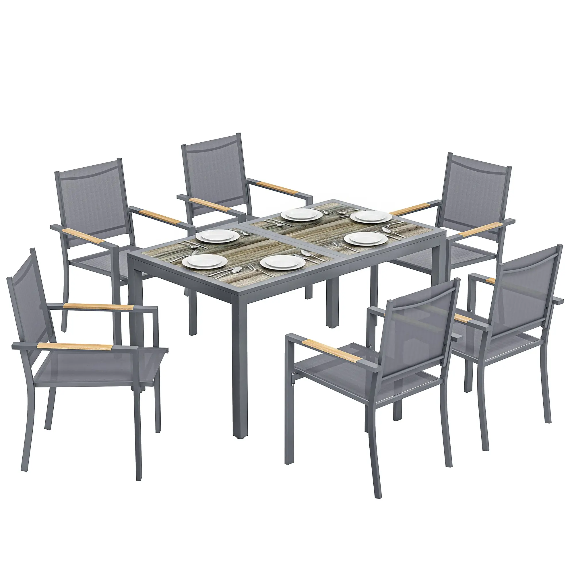 7-Piece Outdoor Dining Set — Wood-Effect PSPC Table & 6 Stackable Breathable Chairs, Weather-Resistant Steel Frame, Dark Gray