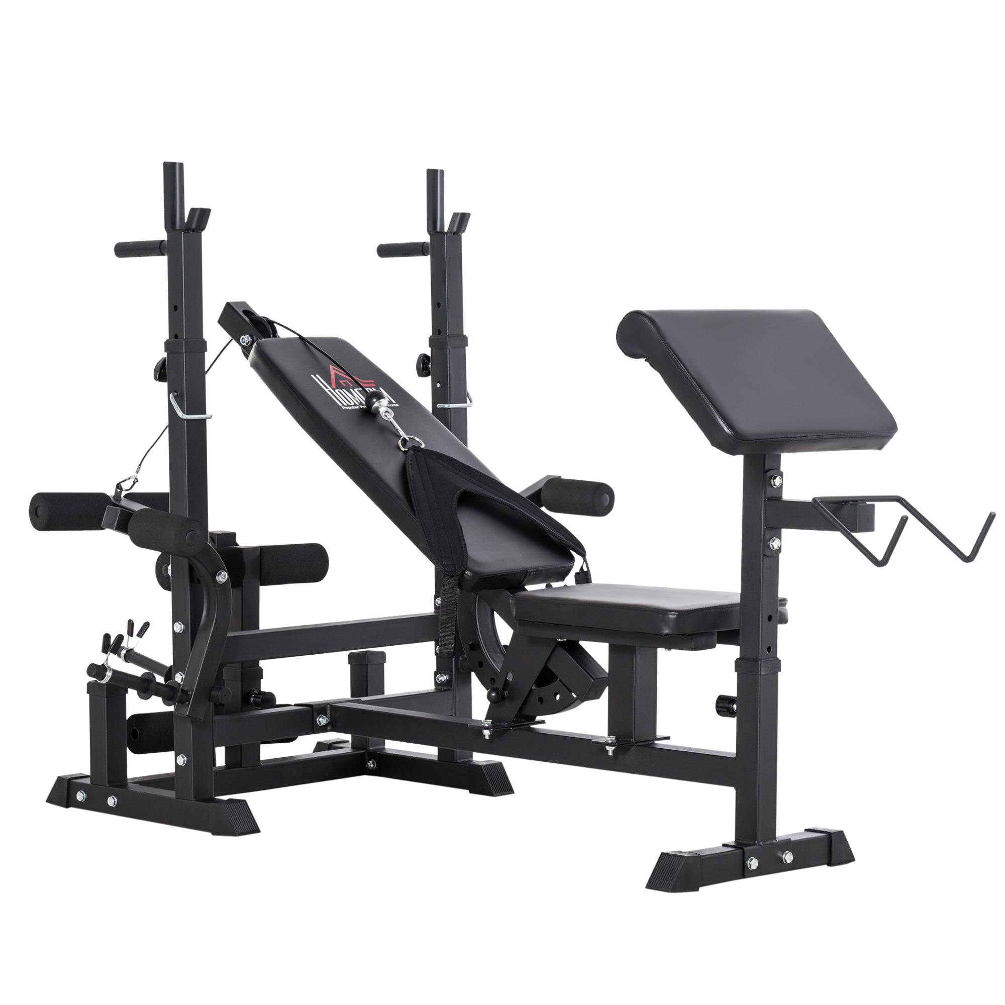 HOMCOM Gewiichtsbänk mat justierbarem Barbell Rack an 6 Positiounen an 5 Positiounen justierbarem Réckrest, Stahl an PU Gewiichtsbänk fir Heembierg, Lastkapazitéit 120 kg, Schwaarz
