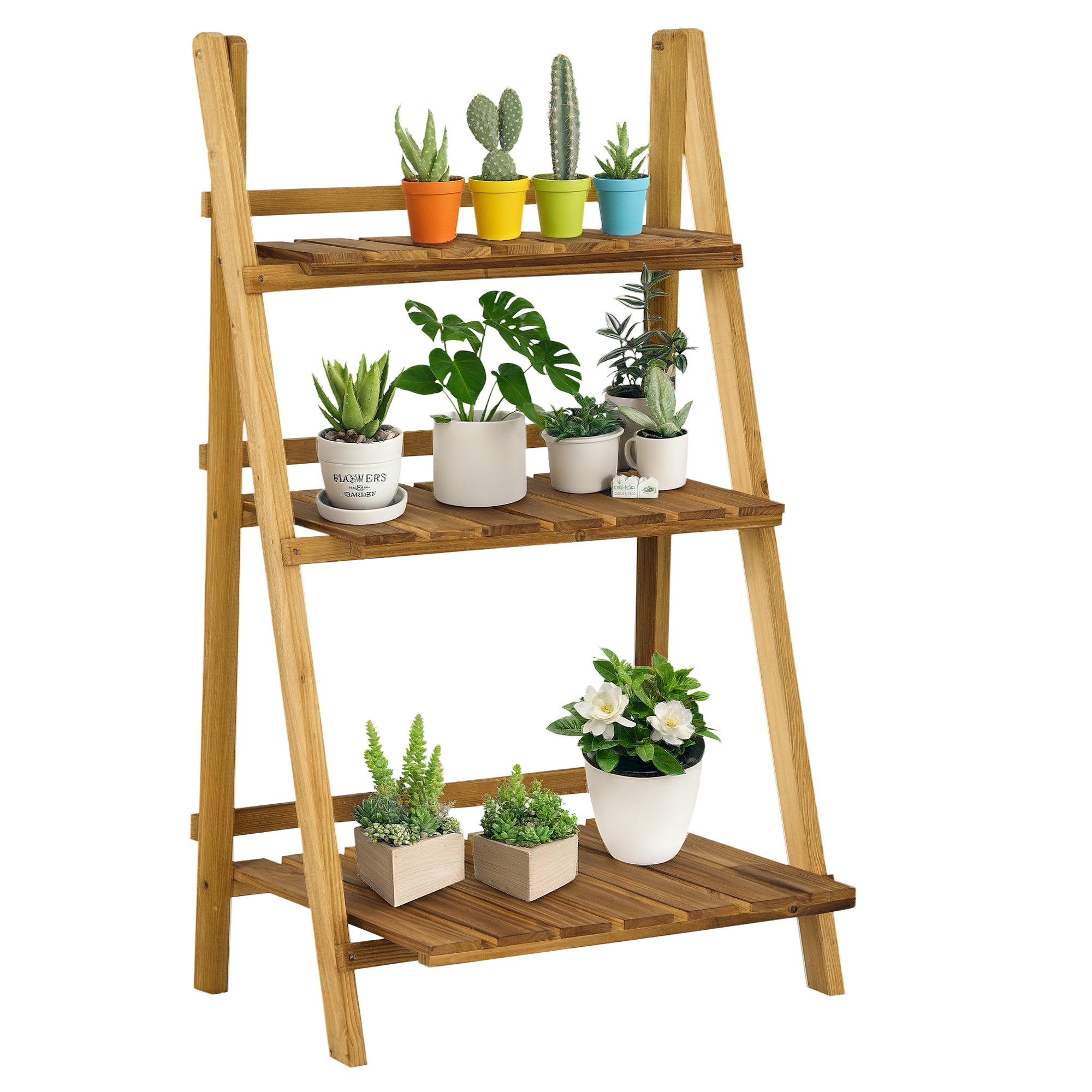 Outsunny 3-stufiger Pflanzenständer, klappbar, 93 cm hoher Blumenständer für drinnen und draußen, Holzpflanzenregal, Blumen-Töpfe Halter mit Tabletts, Blumenstufen für Wohnzimmer und Gartenbalkon, Dun