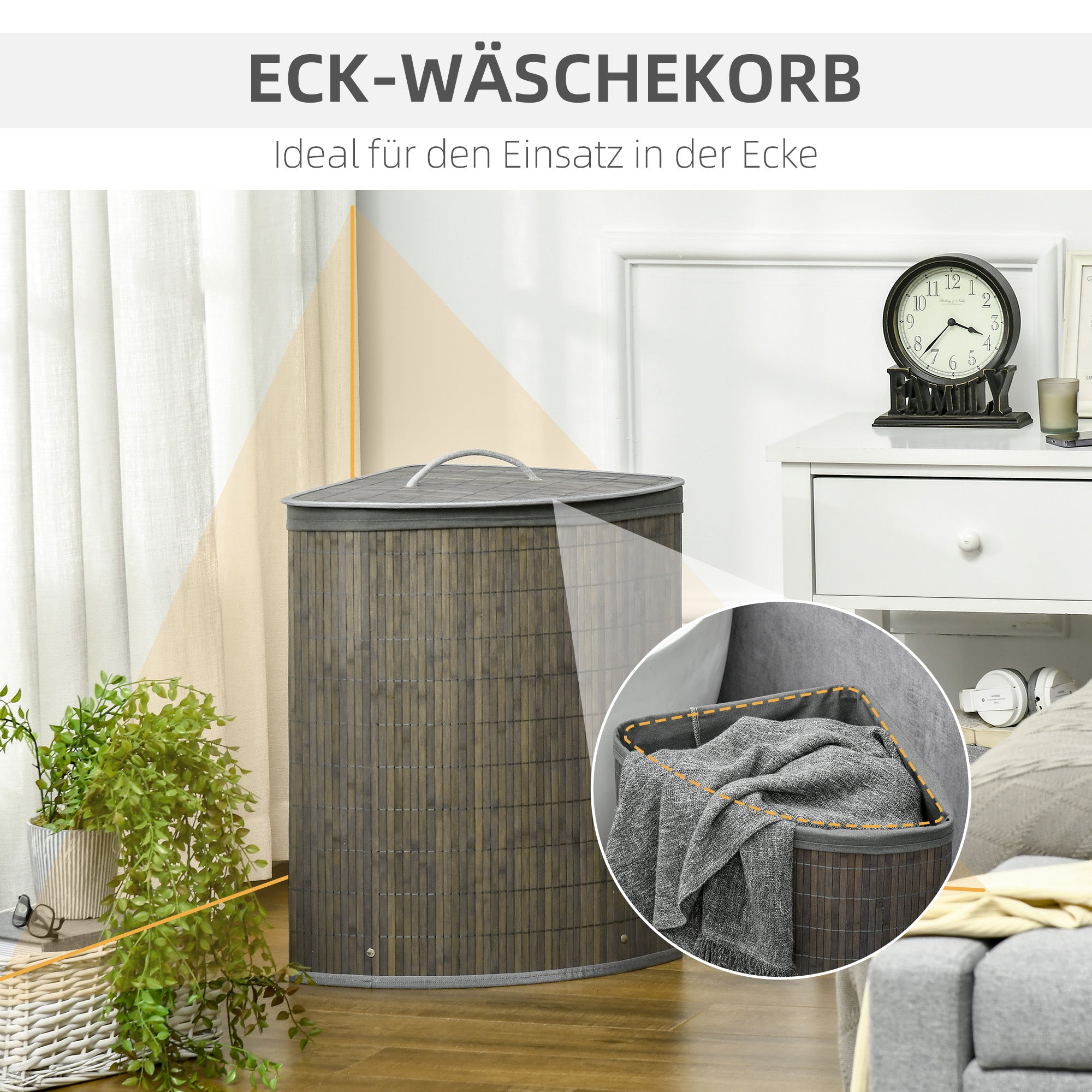 HOMCOM Wäschekorb aus Bambus mit Deckel, 55L Wäsche-Sammler mit Griffen, Abnehmbarer Wäschesack, Eck-Wäschebehälter für Wäscheraum Badezimmer Schlafzi