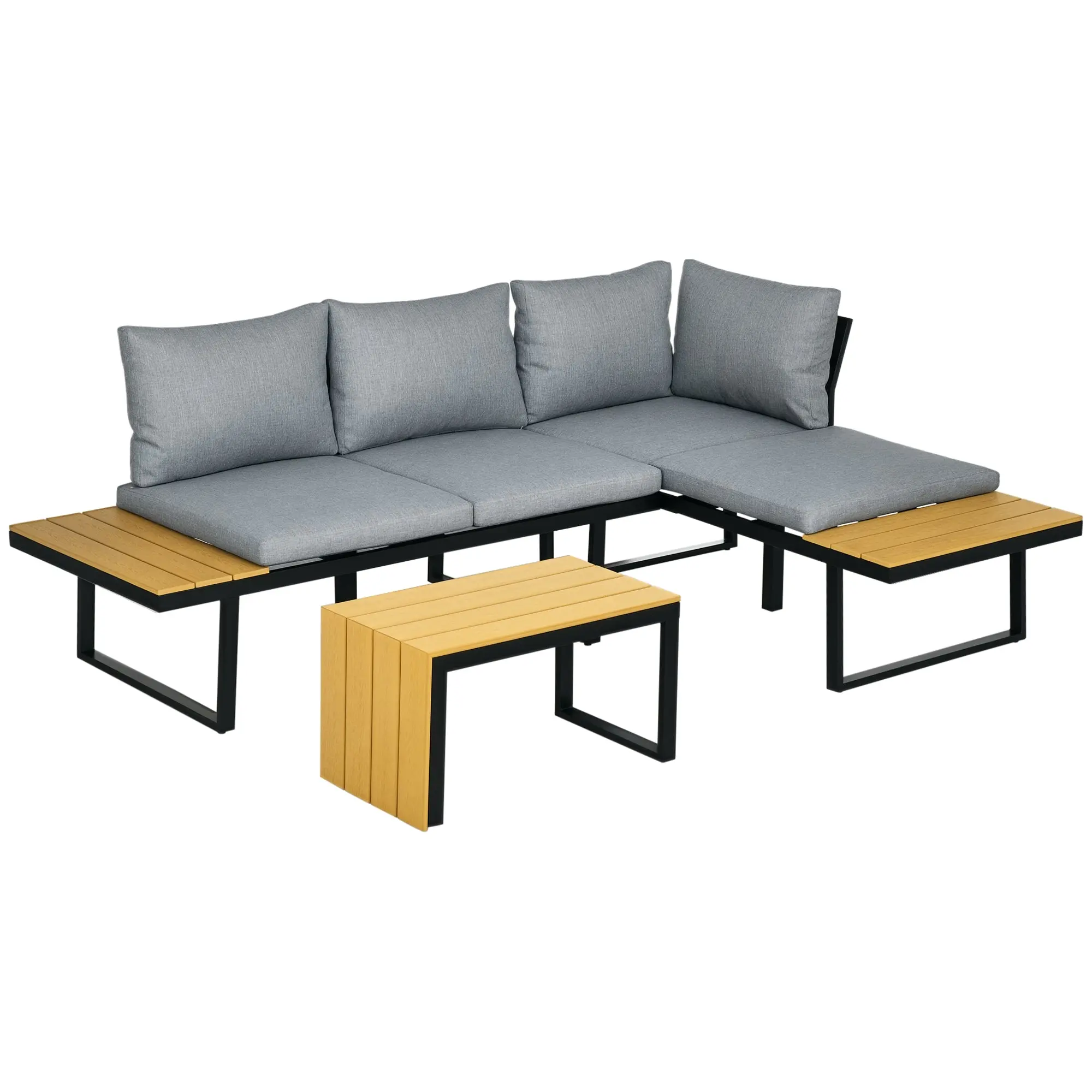 3 Piece Garden Furniture Set, Balcony Furniture with Seat Cushions, Garden Lounge Set with Corner Sofa, Double Sofa, Coffee Table, for Patio, Balcony, Aluminum, Dark Gray+Nature