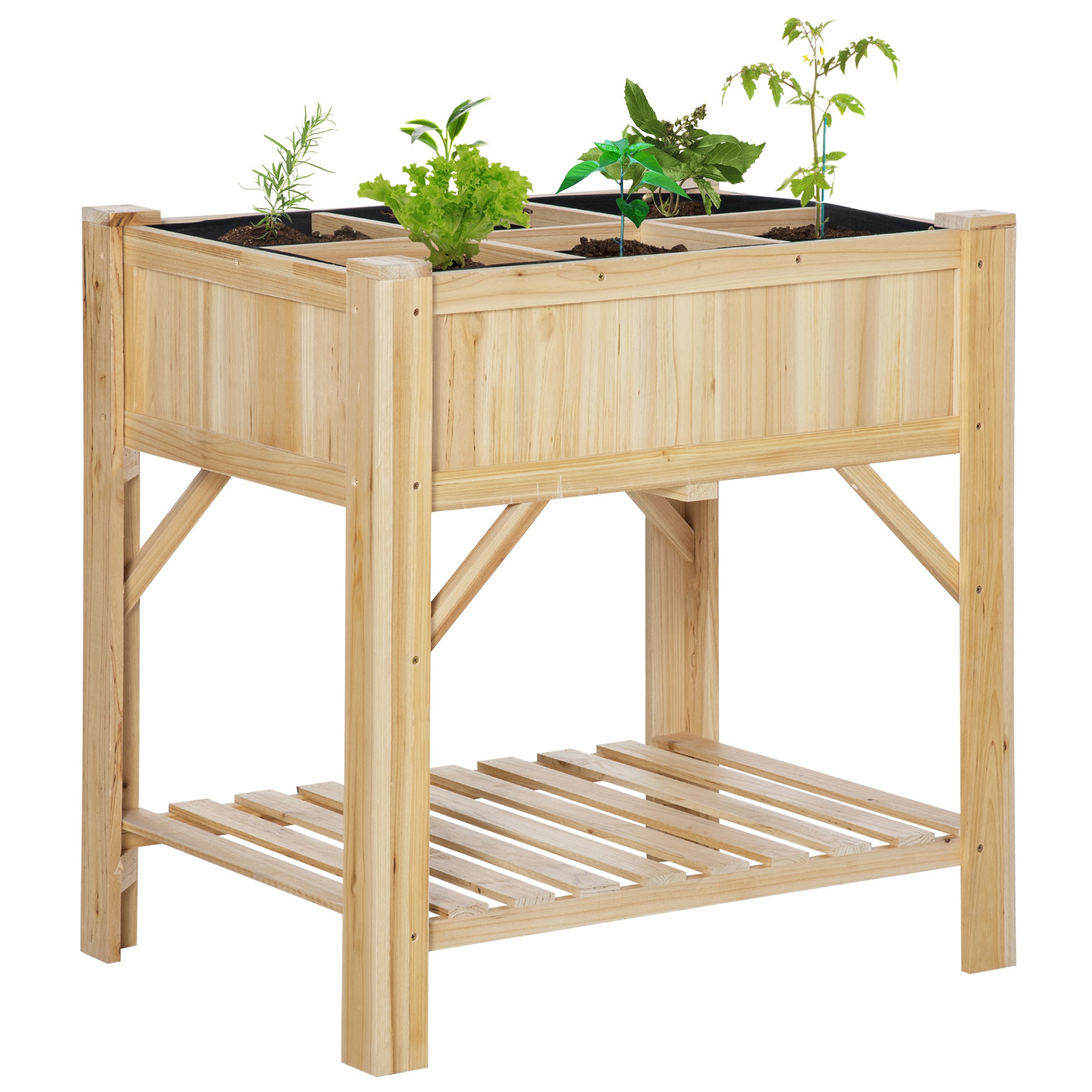 Outsunny Puidust Linnaaed 78.5x58x81 cm Istutuslaud 6 Eraldi Sektsiooniga ja Madala Ahnaga Taimedele ja Lilledel Aias Terrassil Väljas Looduslikus Värvis
