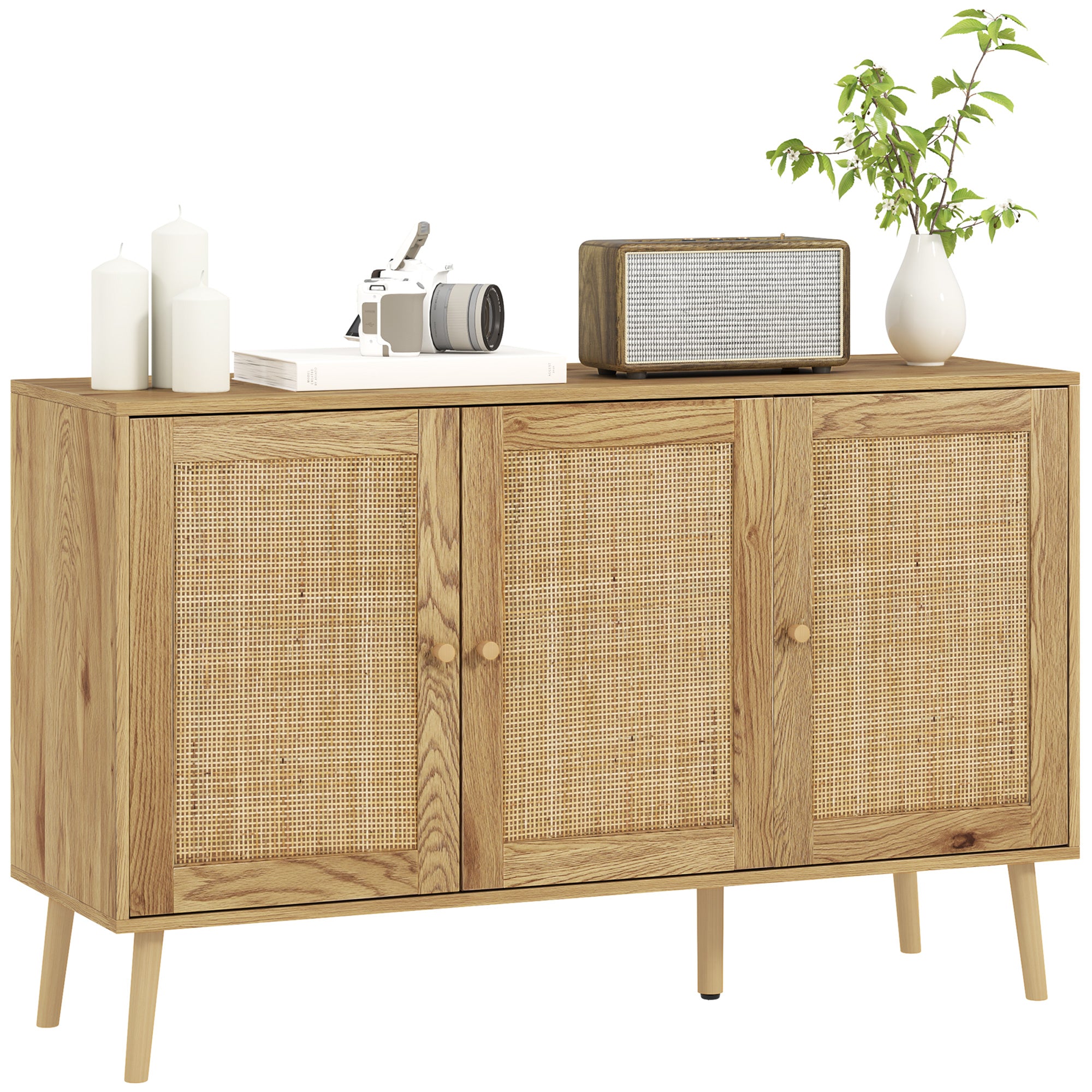 Buffet Living Room Cabinet Storage with Rattan Doors and Adjustable Shelf, for Living Room, Dining Room, Dimensions 120 x 40 x 75 cm, Natural Wood Look
