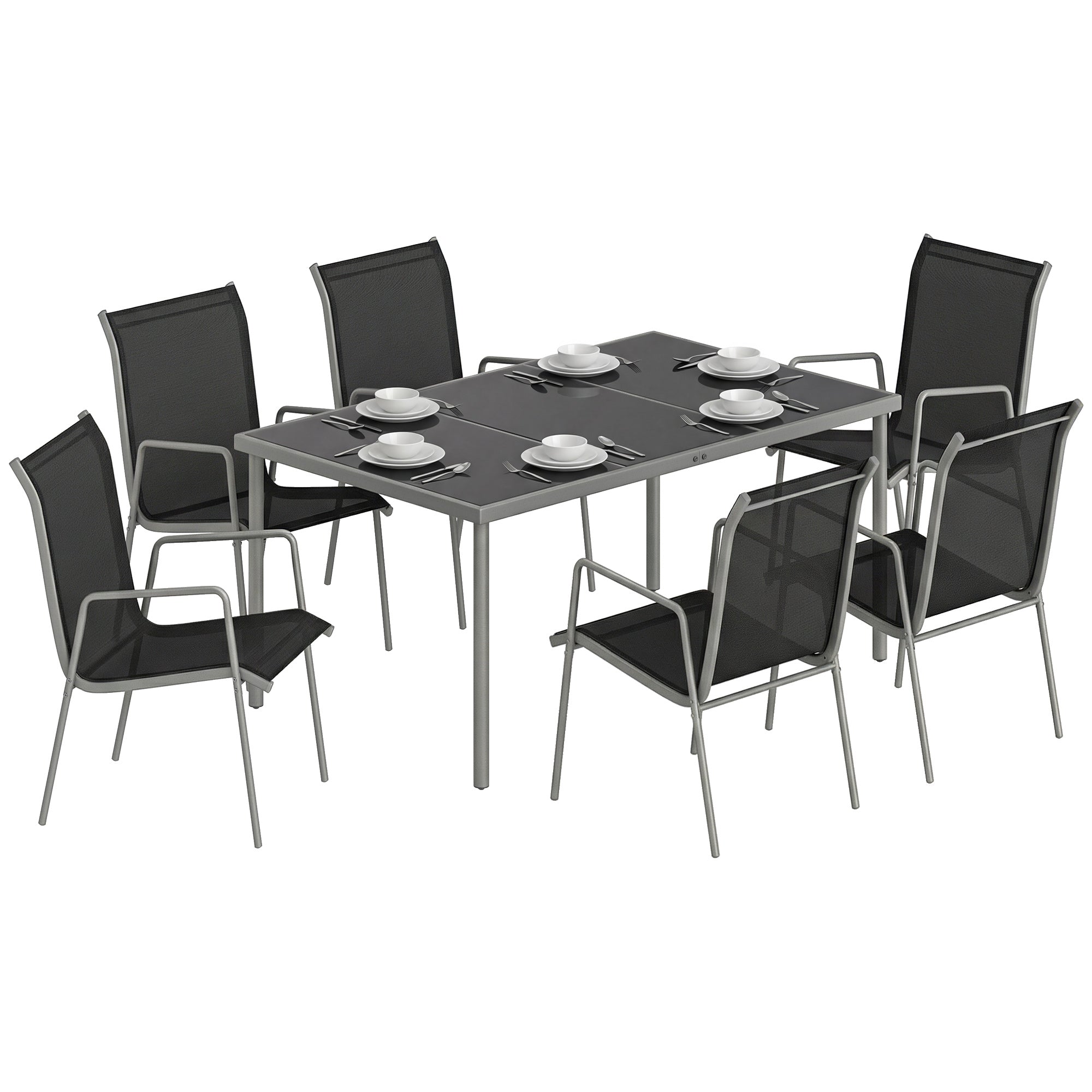7-Piece Outdoor Dining Set – Tempered Glass Table with 6 Stackable Breathable Chairs, Weather-Resistant Powder-Coated Metal Frame, Black & Silver