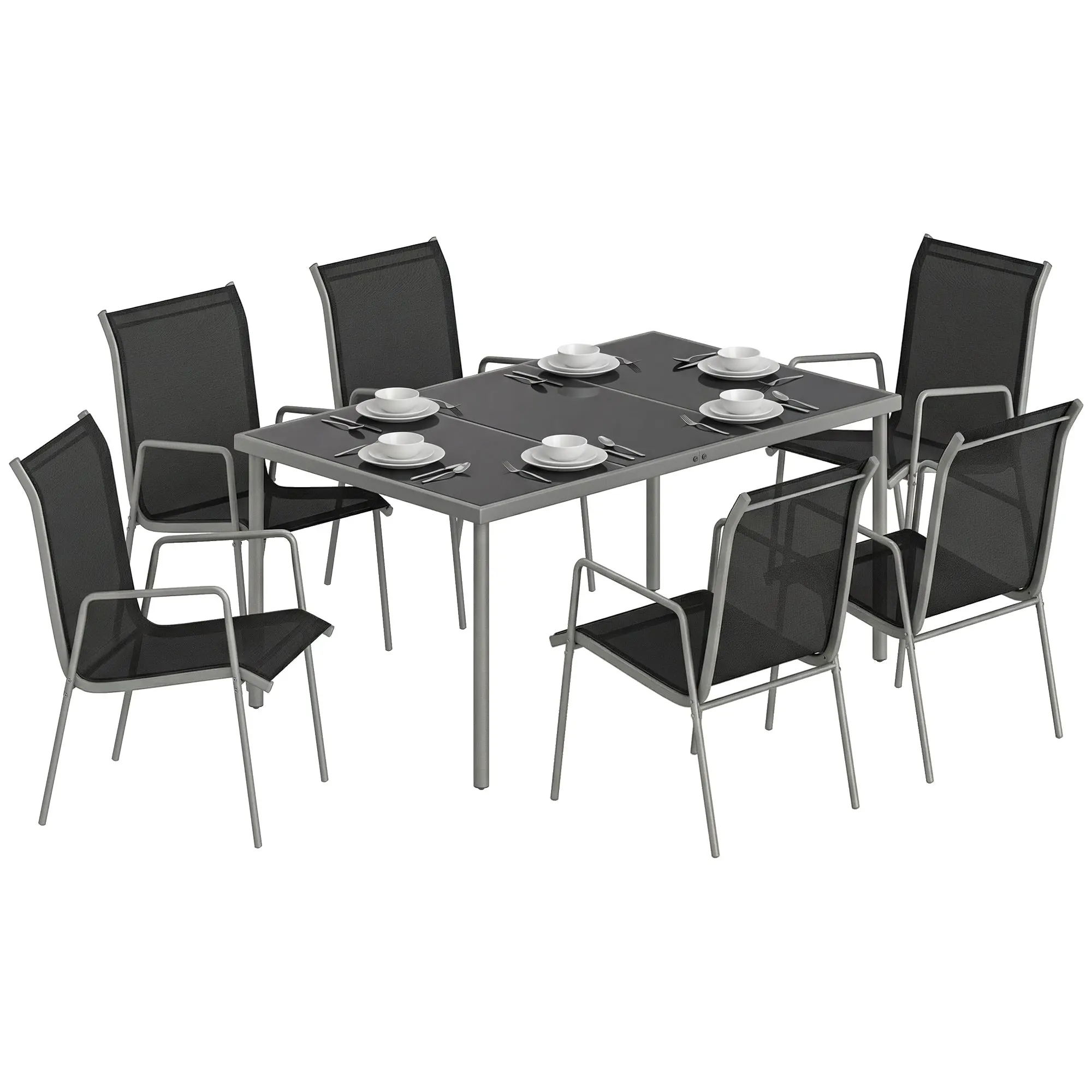7-Piece Outdoor Dining Set – Tempered Glass Table with 6 Stackable Breathable Chairs, Weather-Resistant Powder-Coated Metal Frame, Black & Silver