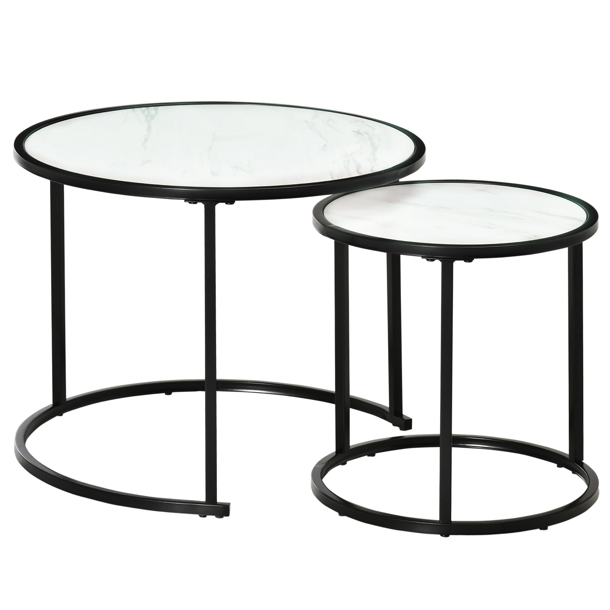 Set of 2 Stackable Round Side Tables Modern Nesting Tables with Faux Marble Top and Steel Frame ?60x46 cm and ?40x40 cm White