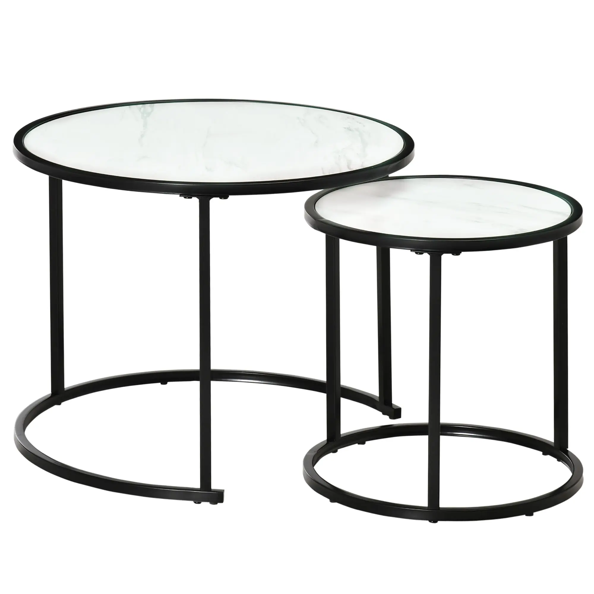 Set of 2 Stackable Round Side Tables Modern Nesting Tables with Faux Marble Top and Steel Frame ?60x46 cm and ?40x40 cm White
