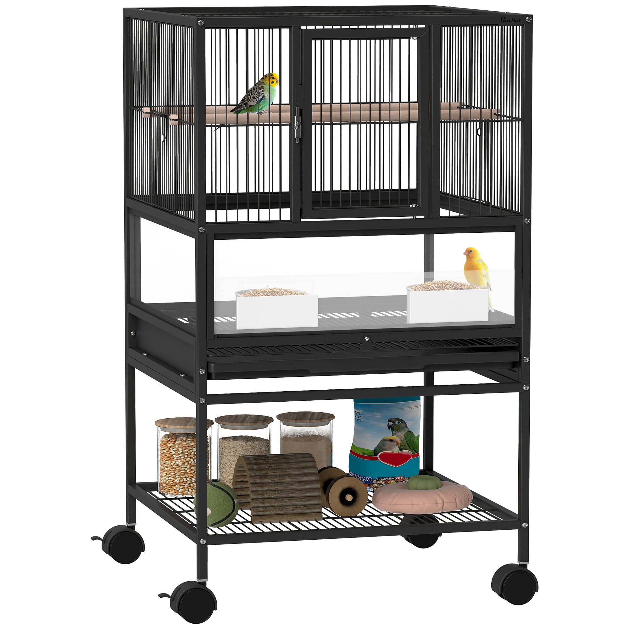 Pawhut Vogelkäfeg Groussen Vogelkäfeg mat Rieder Acryl Paneelen Fütterungsbréideren, Perches, Regal, Removéierbar Trays Vogelkäfeg fir Papageien a Kanäre 48x46x83 cm Schwaarz