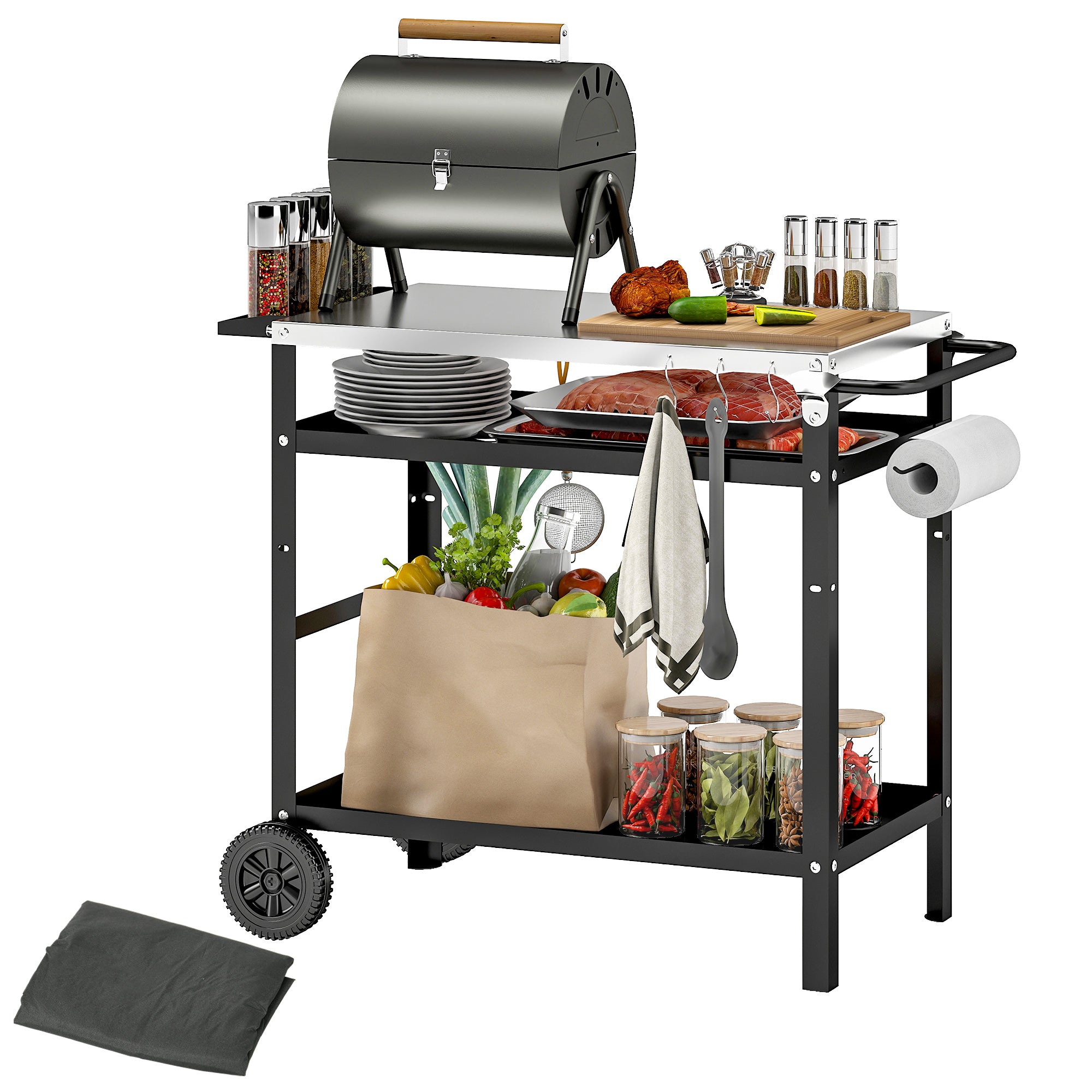 Outsunny grilovací vozík, 3-tiersový servírovací vozík so pracovnou plochou, rukoväťou, krytom a kolieskami, nastaviteľná výška BBQ nerezová grilovacia doska, bočný stôl na grilovanie, vonkajší vozík 