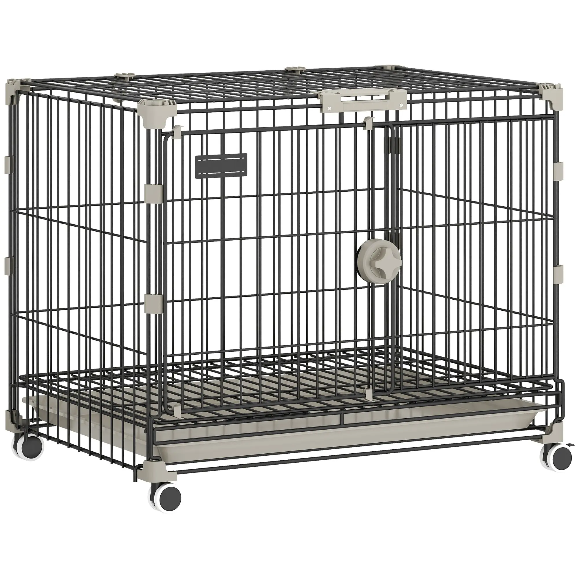 Foldable Dog Crate with Removable Tray, Lockable Top Hatch, Wheels with Brakes, Feeding Door — Indoor Kennel for Small & Medium Dogs, 23.8 x 17.9 x 21.5 in, Black