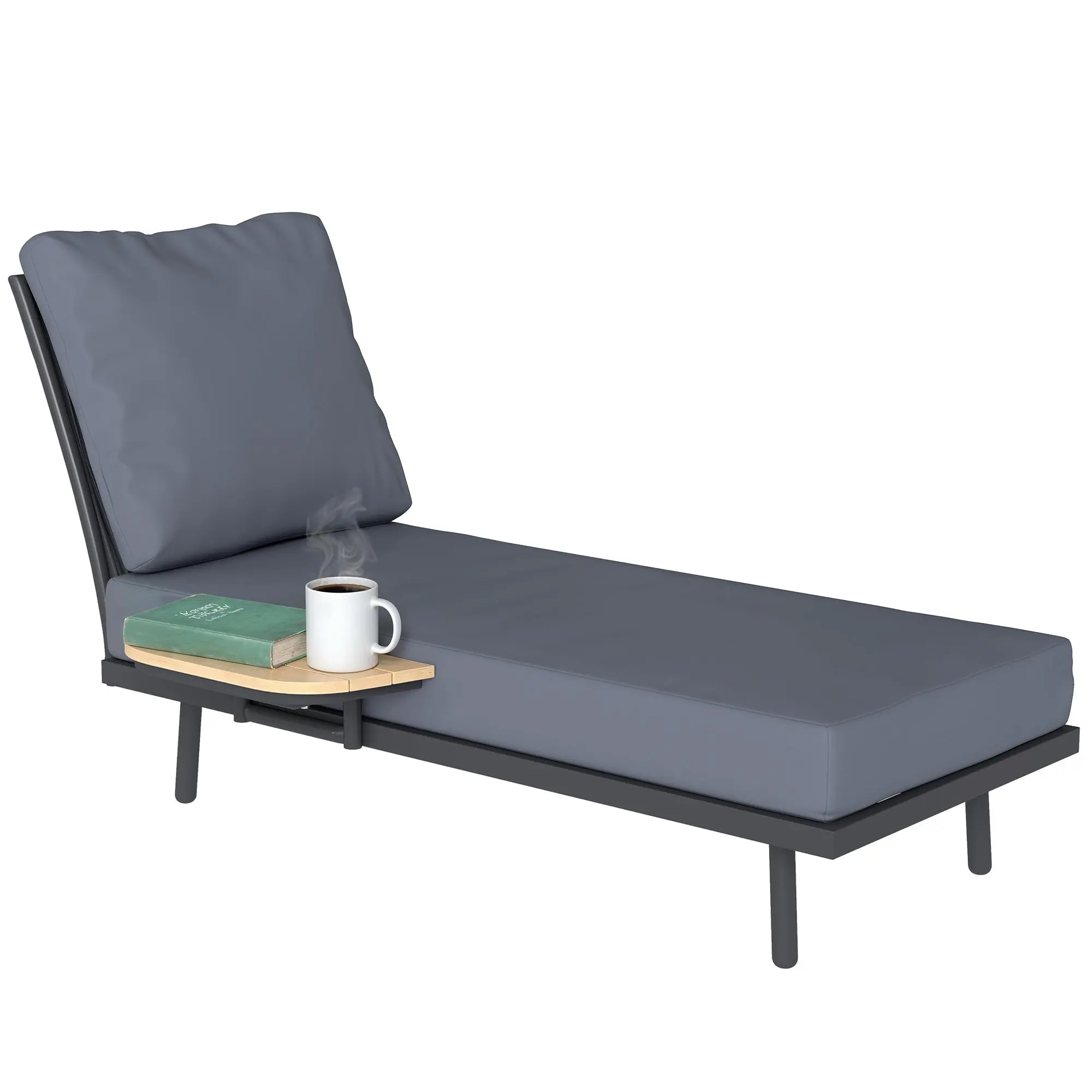 Outdoor Chaise Lounge with Removable Olefin Cushions and Side Shelf, Metal Frame Sun Lounger for Garden and Patio, Gray