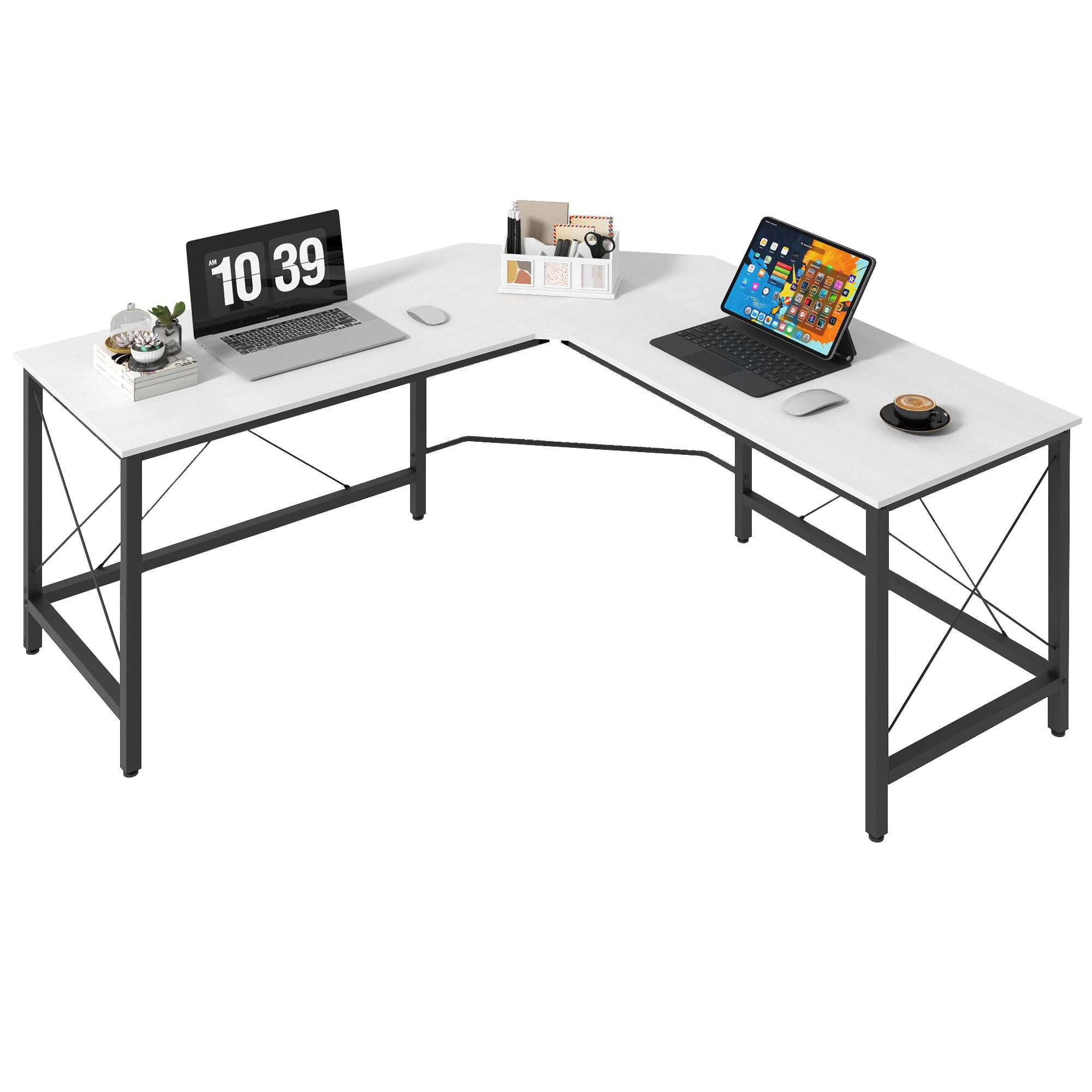 HOMCOM L-šikovný stůl Moderní roh s ocelovým rámem, nosnost 70 kg, pro kancelář, domov, studium 150x150x76 cm Bílý