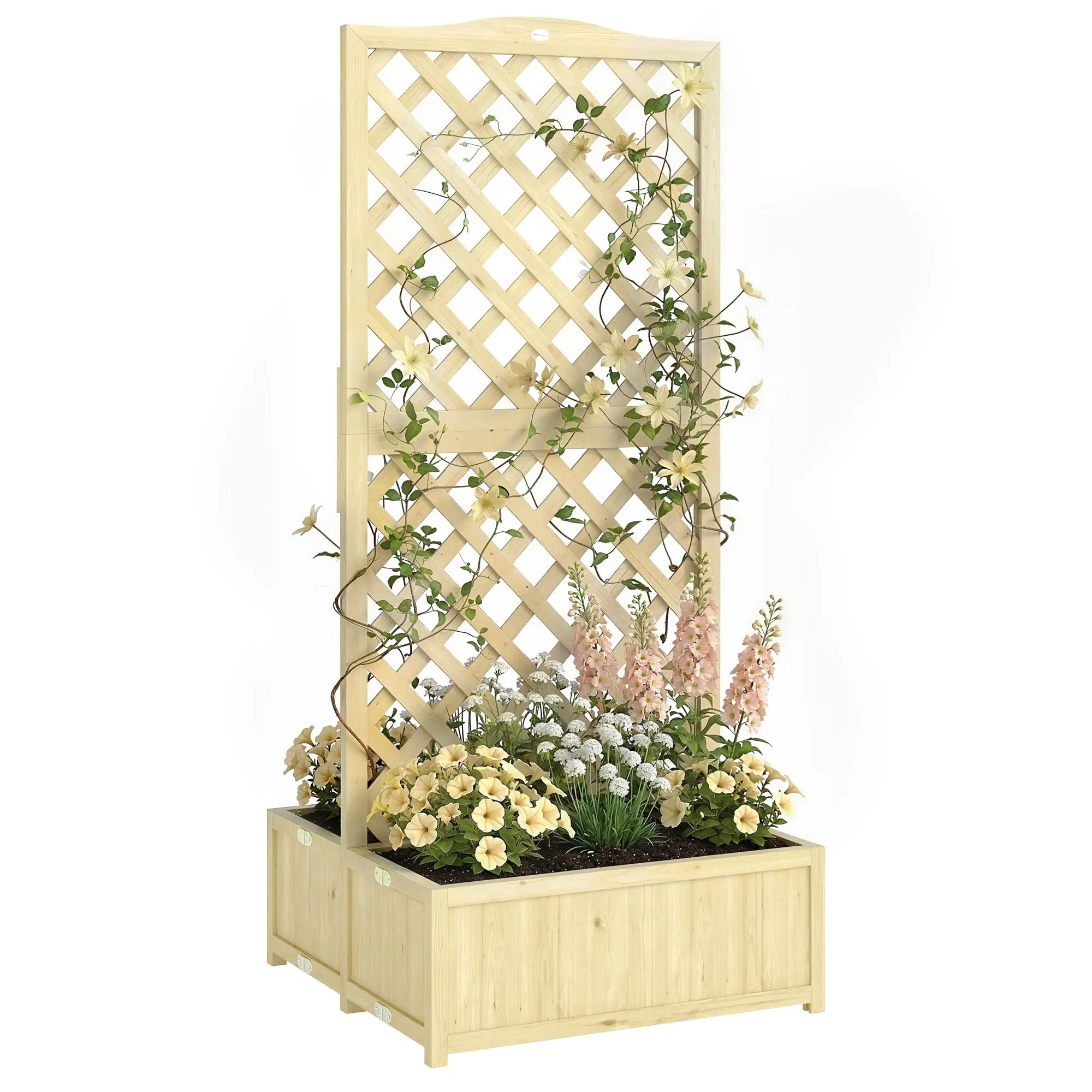 Solid Pine Raised Planter with Trellis — Foldable Double Flower Boxes, 170 cm (66.9") High, Natural