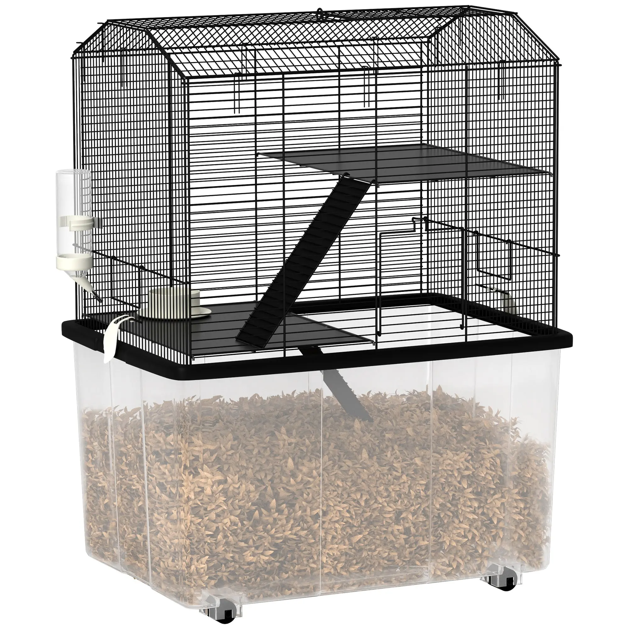 Hamster Cage, 3-Tier Small Animal Cage with Wheels, 2 Platforms & 2 Ladders, Steel Wire, 57 x 43 x 74 cm (22.4 x 16.9 x 29.1 in) — Black
