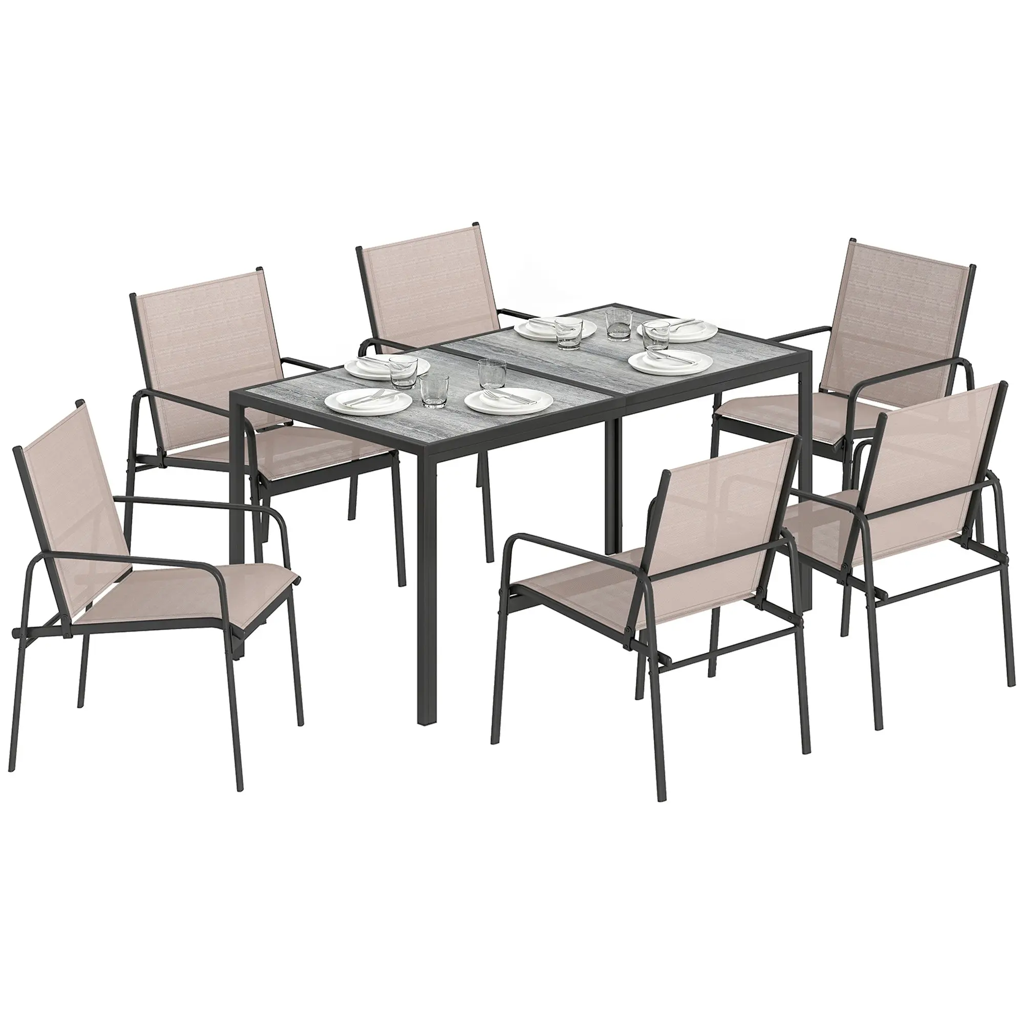 7-Piece Outdoor Dining Set — Wood-Effect Table & 6 Breathable Mesh Chairs, Powder-Coated Galvanized Steel, Khaki