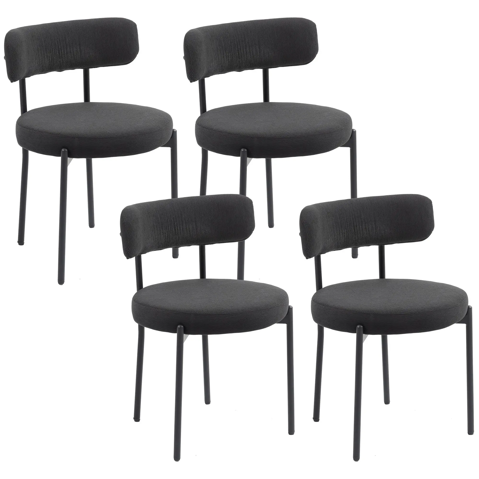 Set of 4 Modern Padded Dining Chairs – Ribbed Velvet/Bouclé Fabric with Angled Back & Black Steel Legs, Black