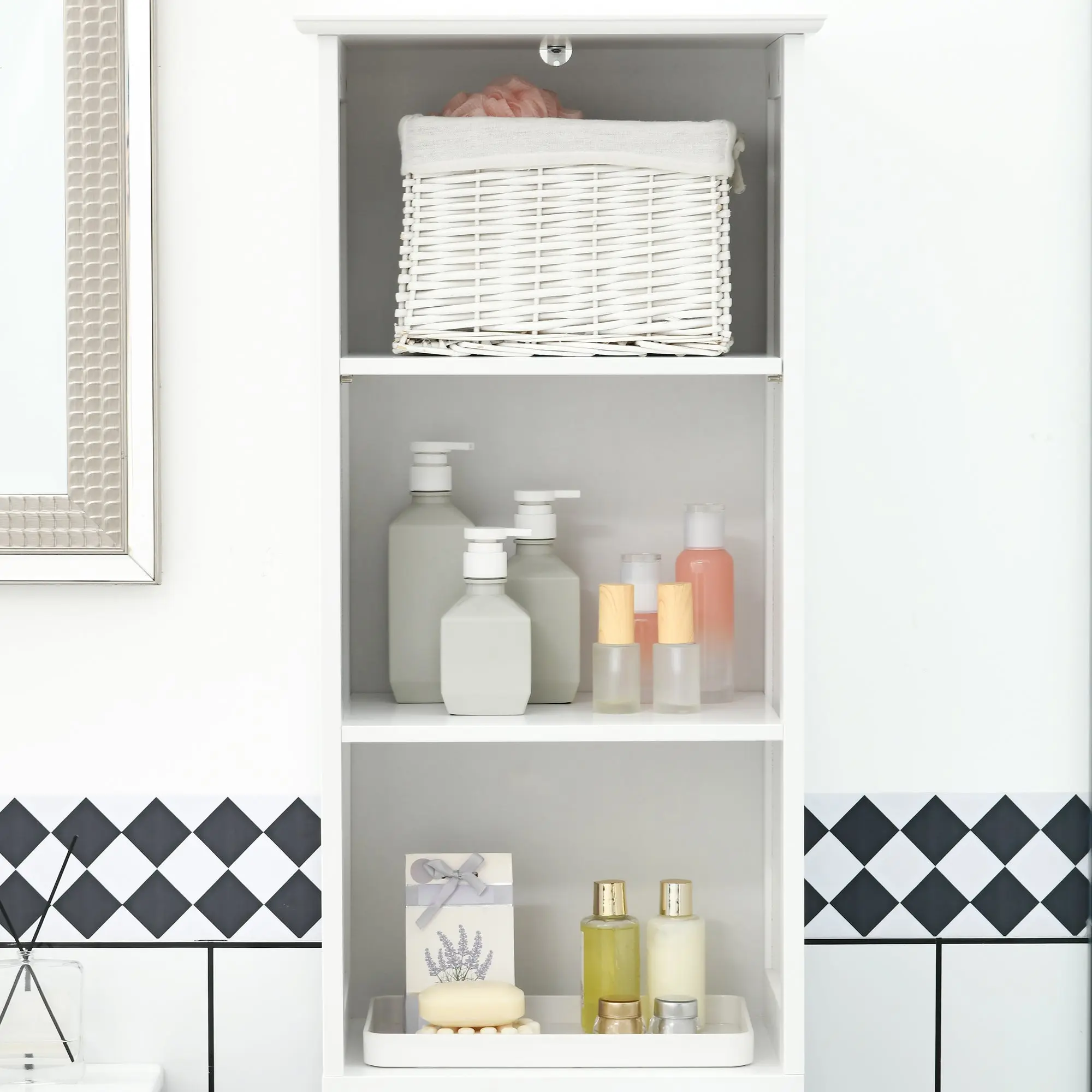 Slim Bathroom Storage Cabinet with 3 Open Compartments, Drawer, and Adjustable Shelf, Bathroom Cabinet for Small Spaces, 40 x 30 x 164 cm, White