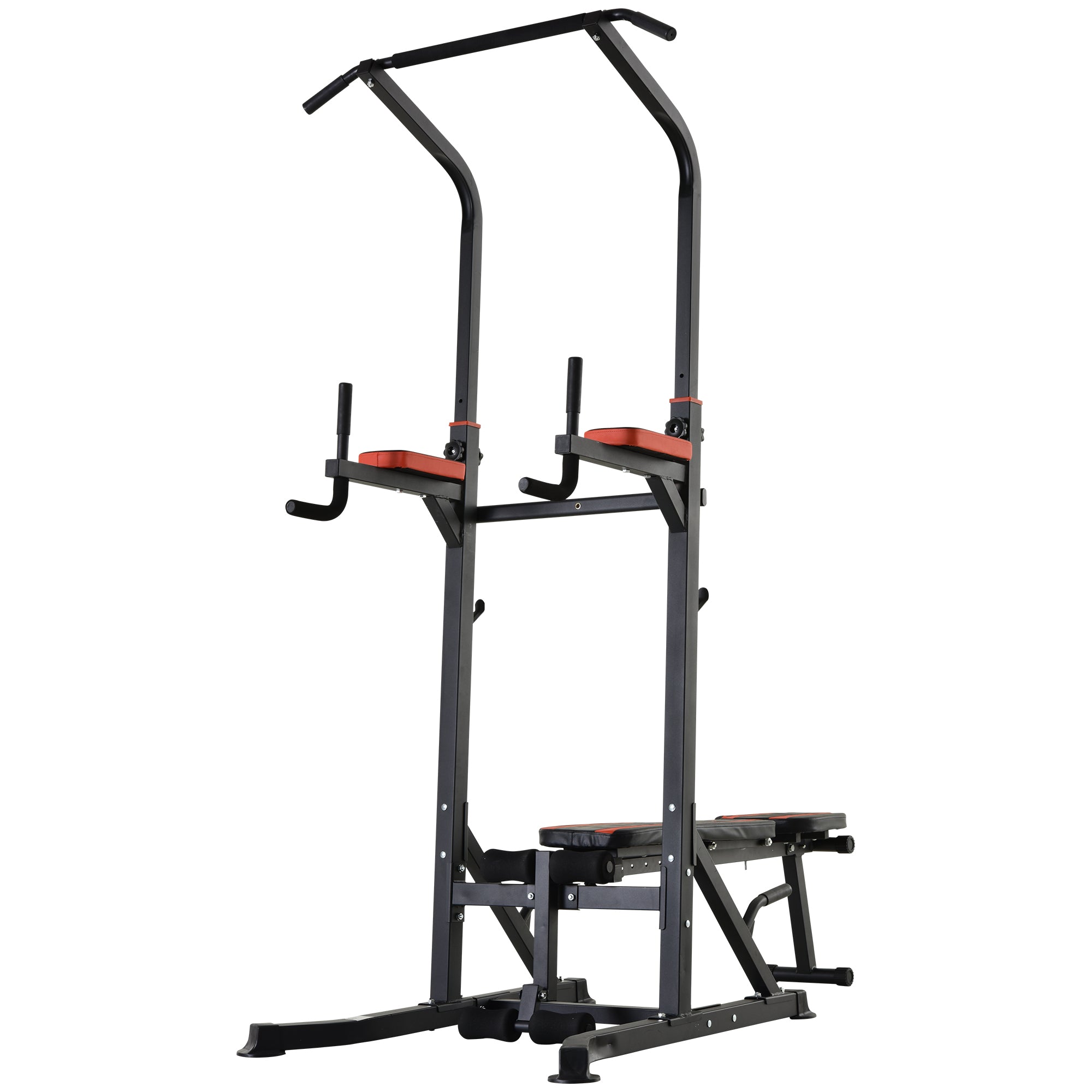 HOMCOM Zložljiva Power Tower, Nastavljiva Multifunkcionalna Fitnes Postaja v 7 Pozicijah s Pull-Up Barom, Dip Postajo, Pull Up Postajo in Ravno Klopjo iz Jekla, za Domačo Telovadnico, Kapaciteta 150kg