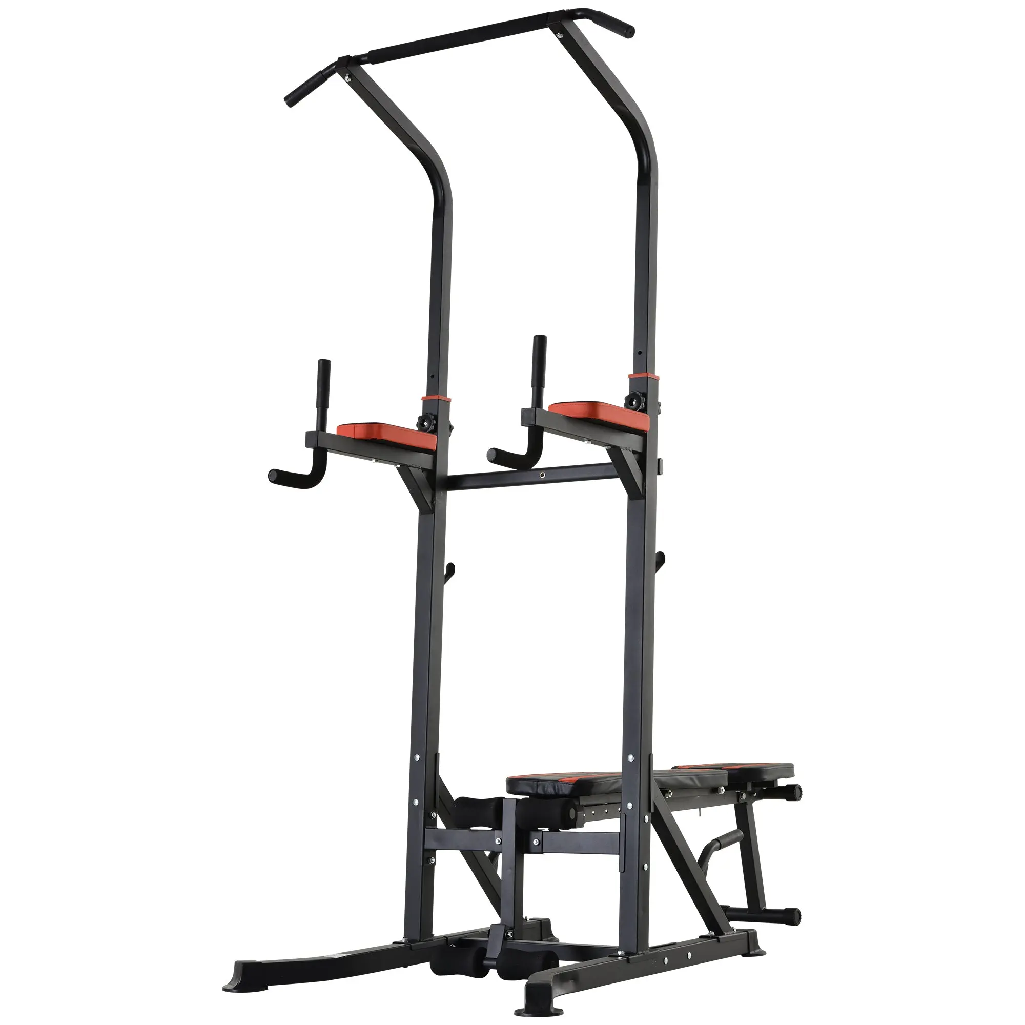 Folding Power Tower, Adjustable Multifunction Fitness Station in 7 Positions with Pull-Up Bar, Dip Station, Pull Up Station, and Flat Bench in Steel, for Home Gym, 150kg Capacity