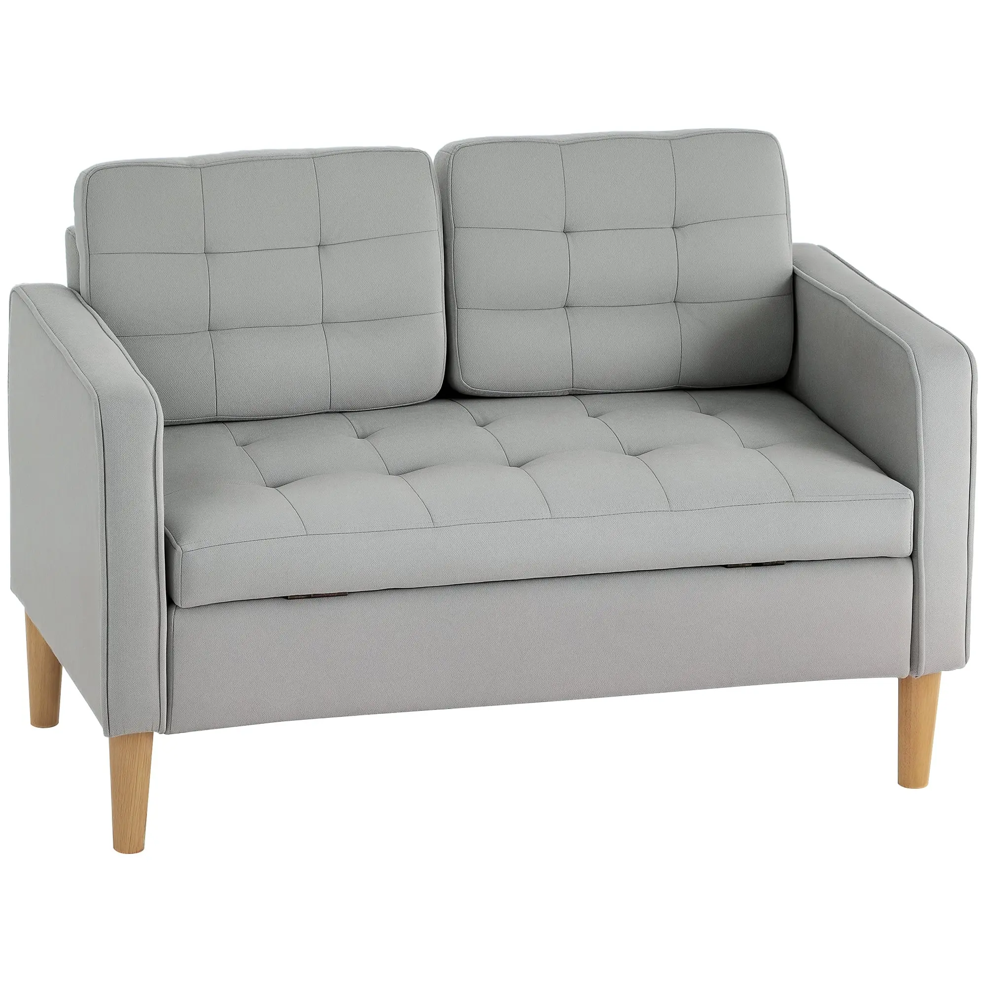 2 Seater Sofa, Couch with Storage Space, Wooden Legs, Padded Sofa with Velvet Look for Living Room, Bedroom, 117x 62 x 78 cm, Light Gray