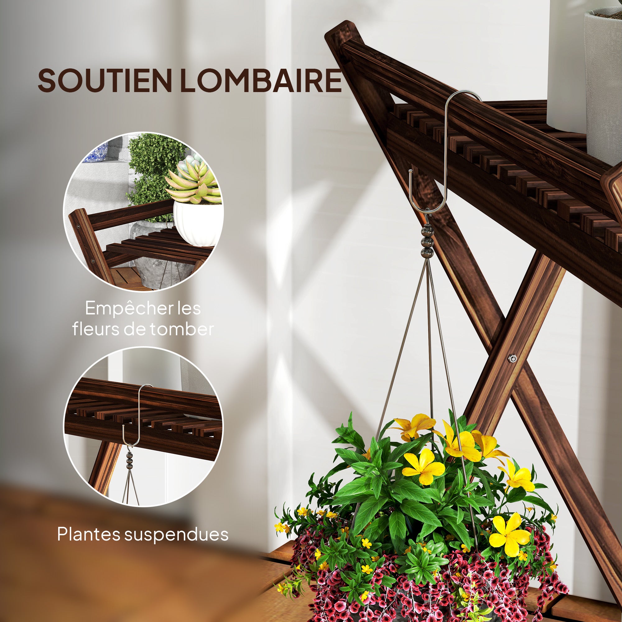 Outsunny Sæt med 2 indendørs planteholdere 2 niveauer, træreoler med rygstøtte, indendørs og udendørs planteholder til have, balkon, stue, brun
