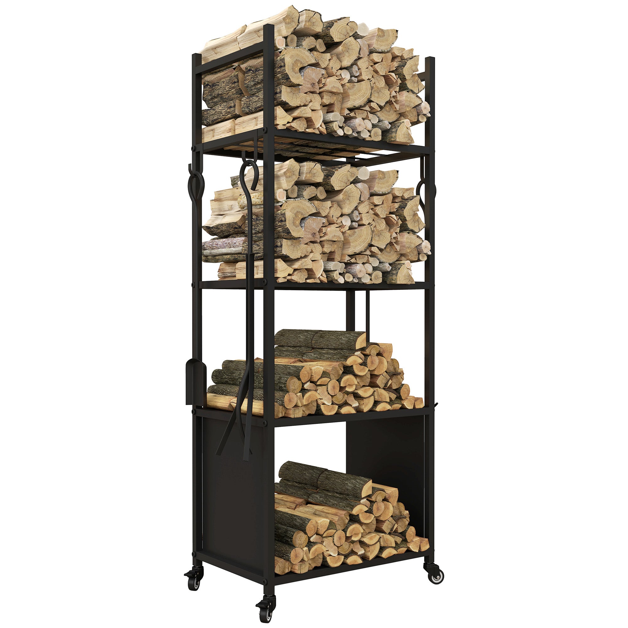 Firewood Rack 45 x 30 x 118 cm Wood Storage with Wheels, 4 Shelves, Firewood Stand for Outdoor, Indoor, up to 60 kg, Metal, Black