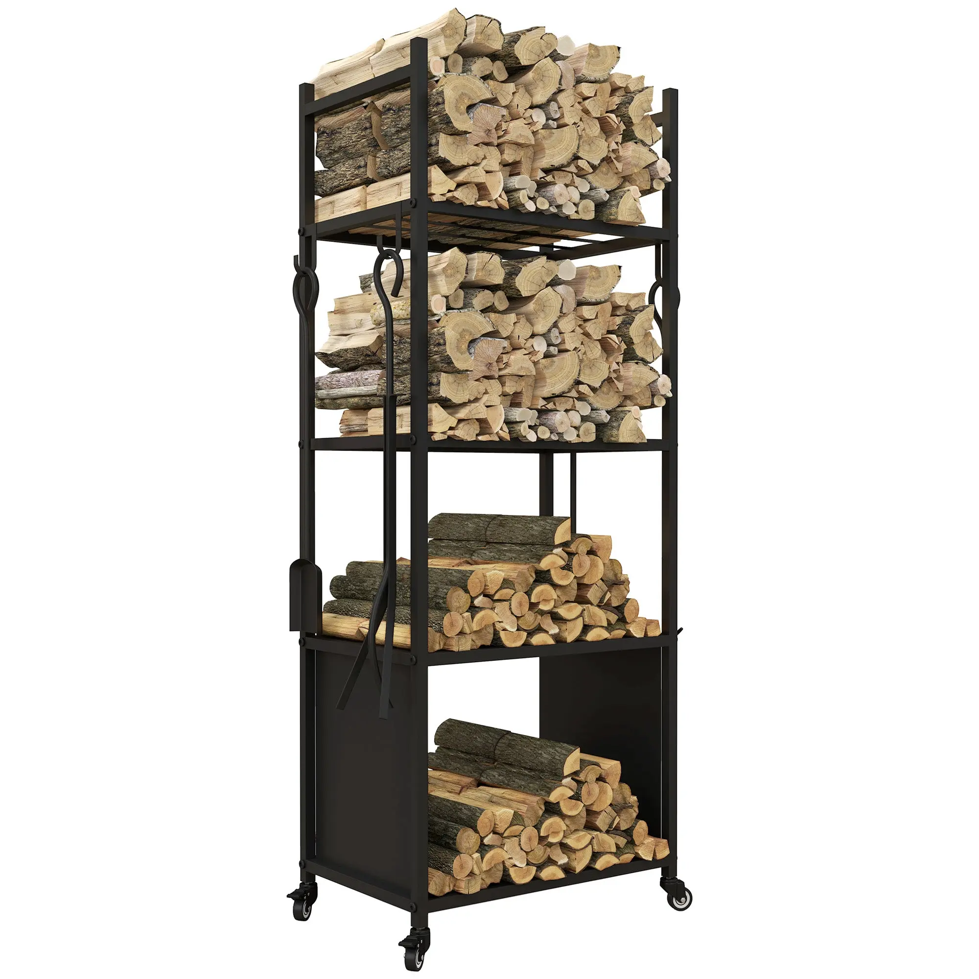 Firewood Rack 45 x 30 x 118 cm Wood Storage with Wheels, 4 Shelves, Firewood Stand for Outdoor, Indoor, up to 60 kg, Metal, Black
