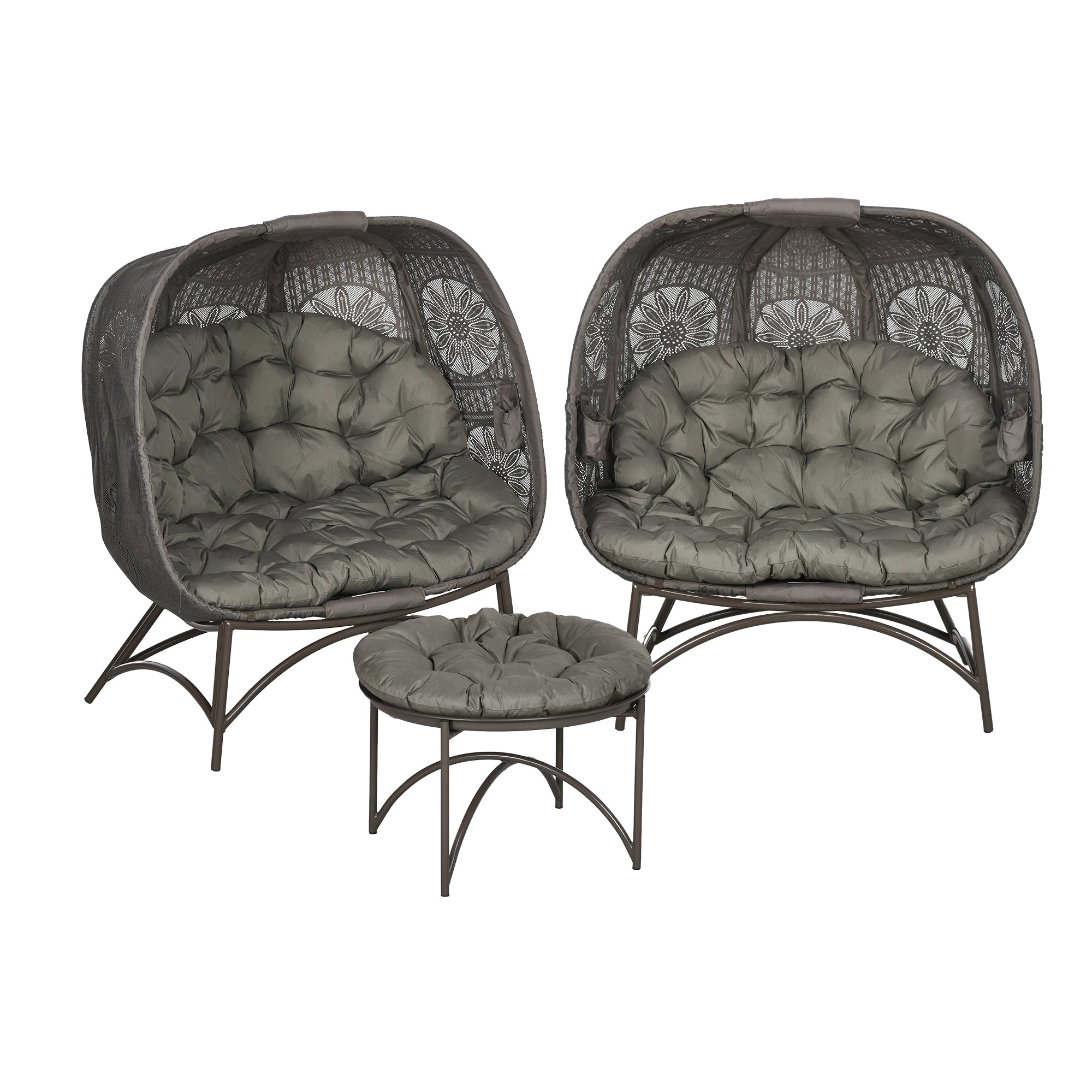 3 Piece Garden Chair Set, Wicker Chair with Folding Seat Basket, Coffee Table, Cushions, Lounge Chair for Terrace, Balcony, Steel, Sand