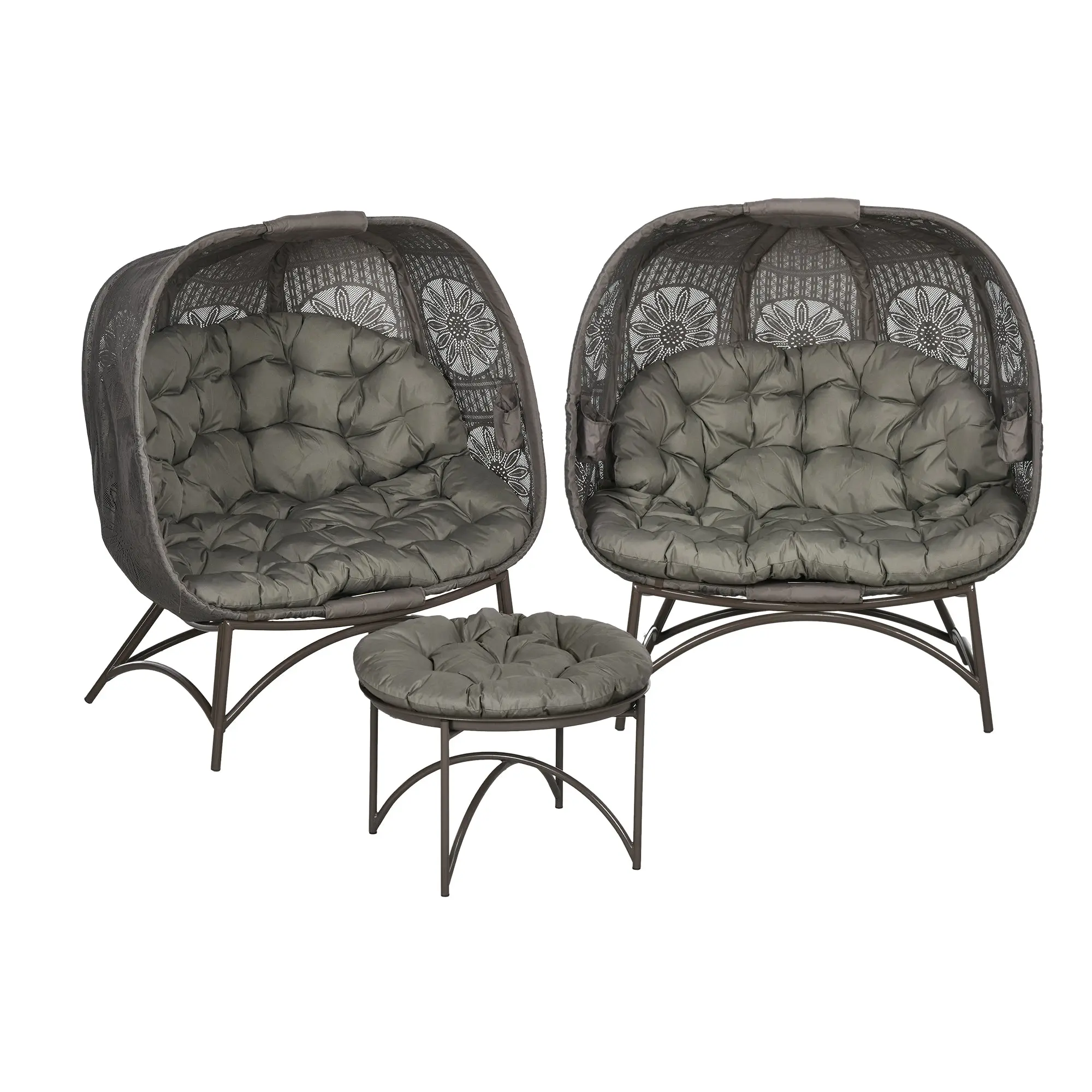 3 Piece Garden Chair Set, Wicker Chair with Folding Seat Basket, Coffee Table, Cushions, Lounge Chair for Terrace, Balcony, Steel, Sand