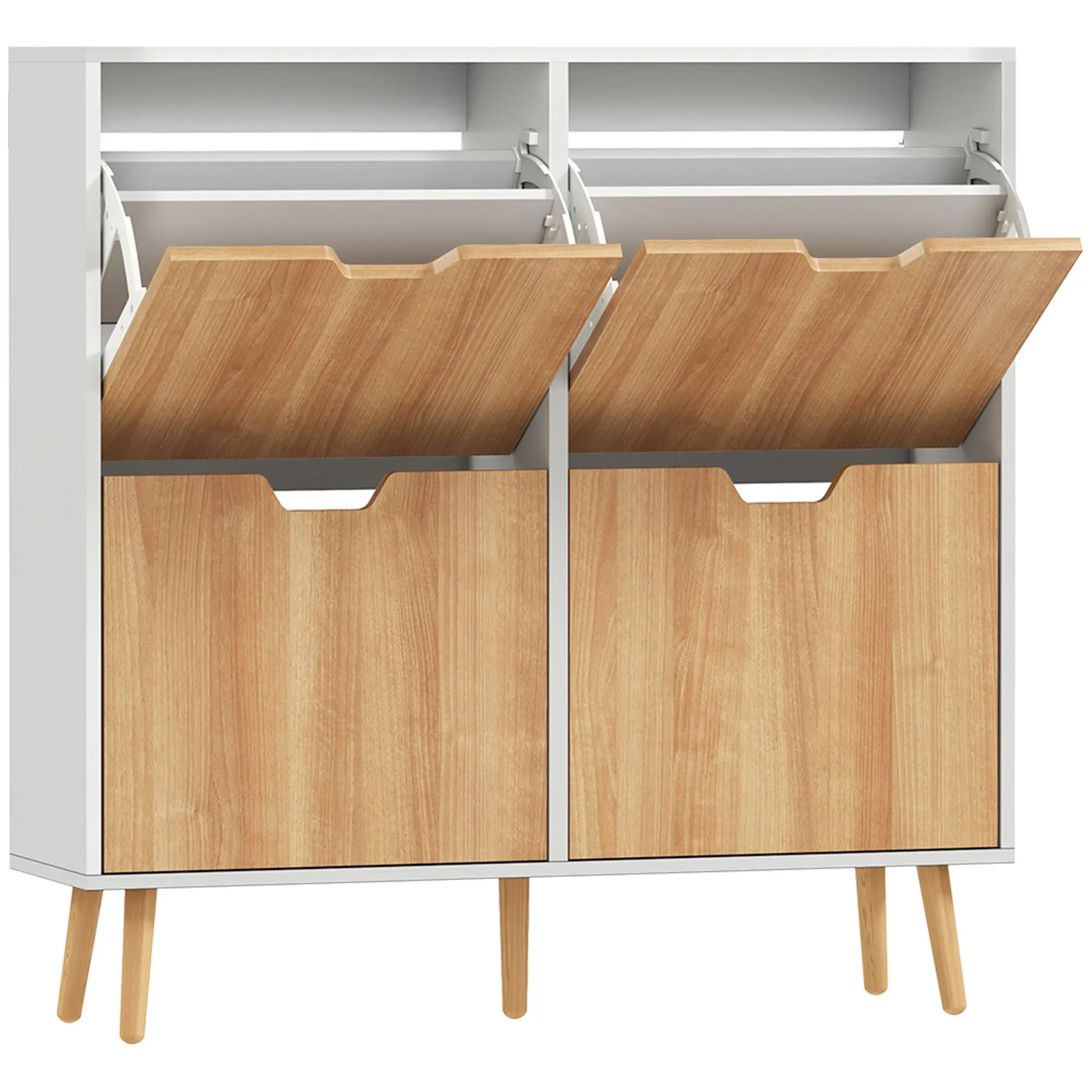 4-Flap Shoe Cabinet, Shoe Storage Cabinet for 16 Pairs, with Adjustable Shelf, Solid Wood Feet, Shoe Organizer, High Capacity for Hallway, Entryway, 95 x 26 x 95 cm, White