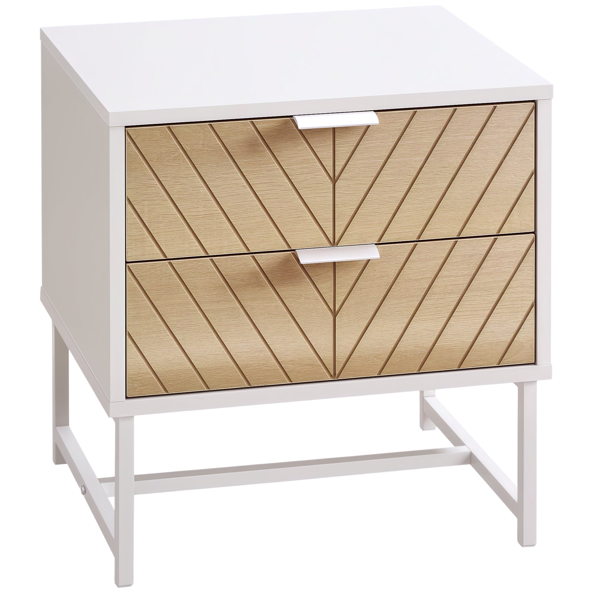 HOMCOM Natskab med 2 Skuffer og Stålben - Moderne Sidebord til Stue og Soveværelse 45x39x48 cm Hvid og Eg