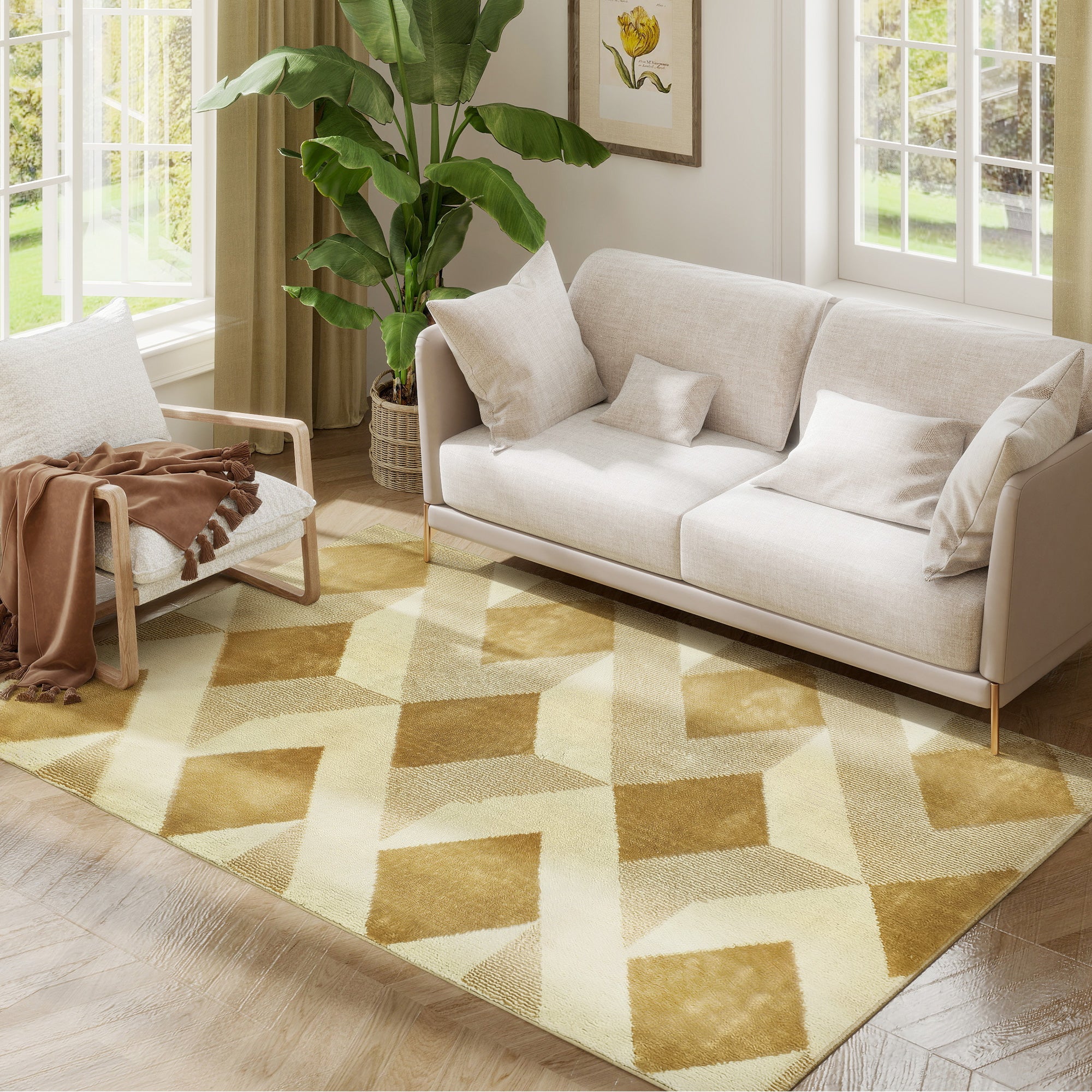 HOMCOM Wohnzimmerteppich 170x120 cm waschbar Kurzflor Karomuster Teppich für Wohnzimmer Schlafzimmer Esszimmer Creme und Braun