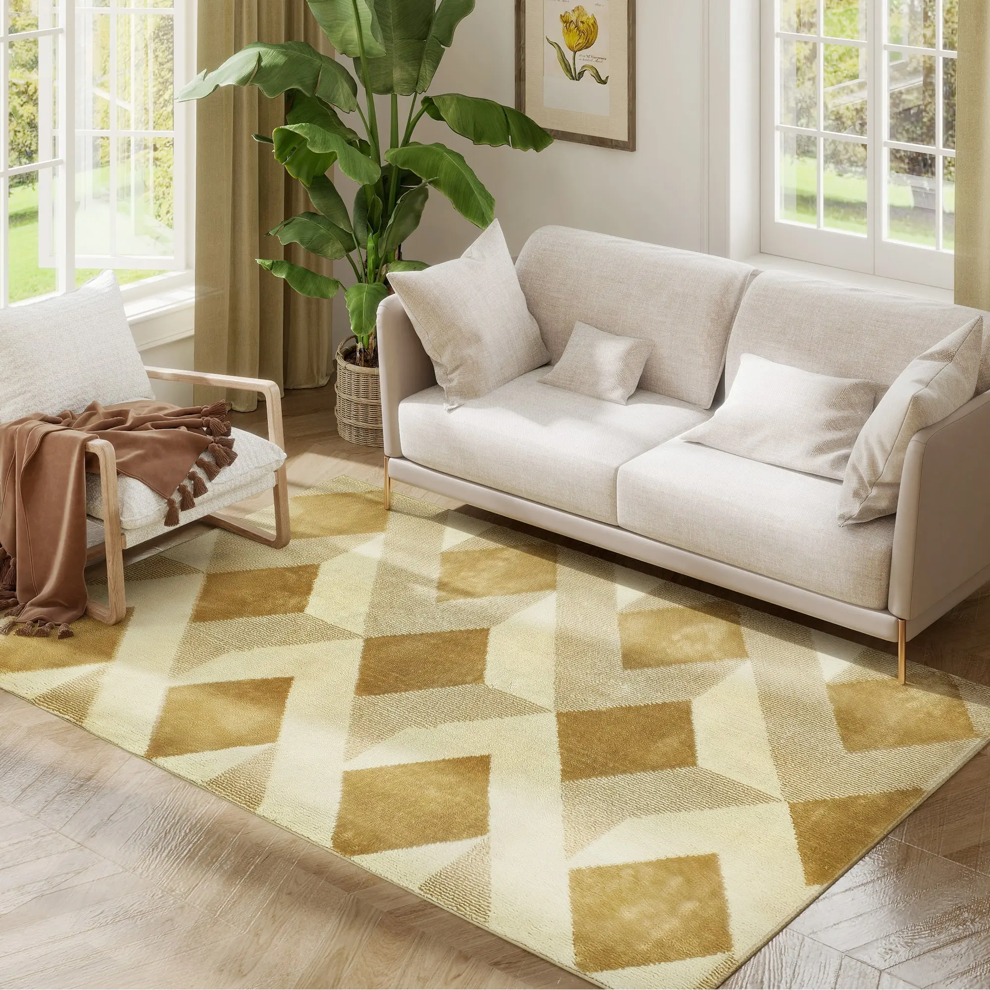 Living Room Rug 170x120 cm Washable Rug Short Pile Checkered Elements Rug for Living Room Bedroom Dining Room Cream and Brown