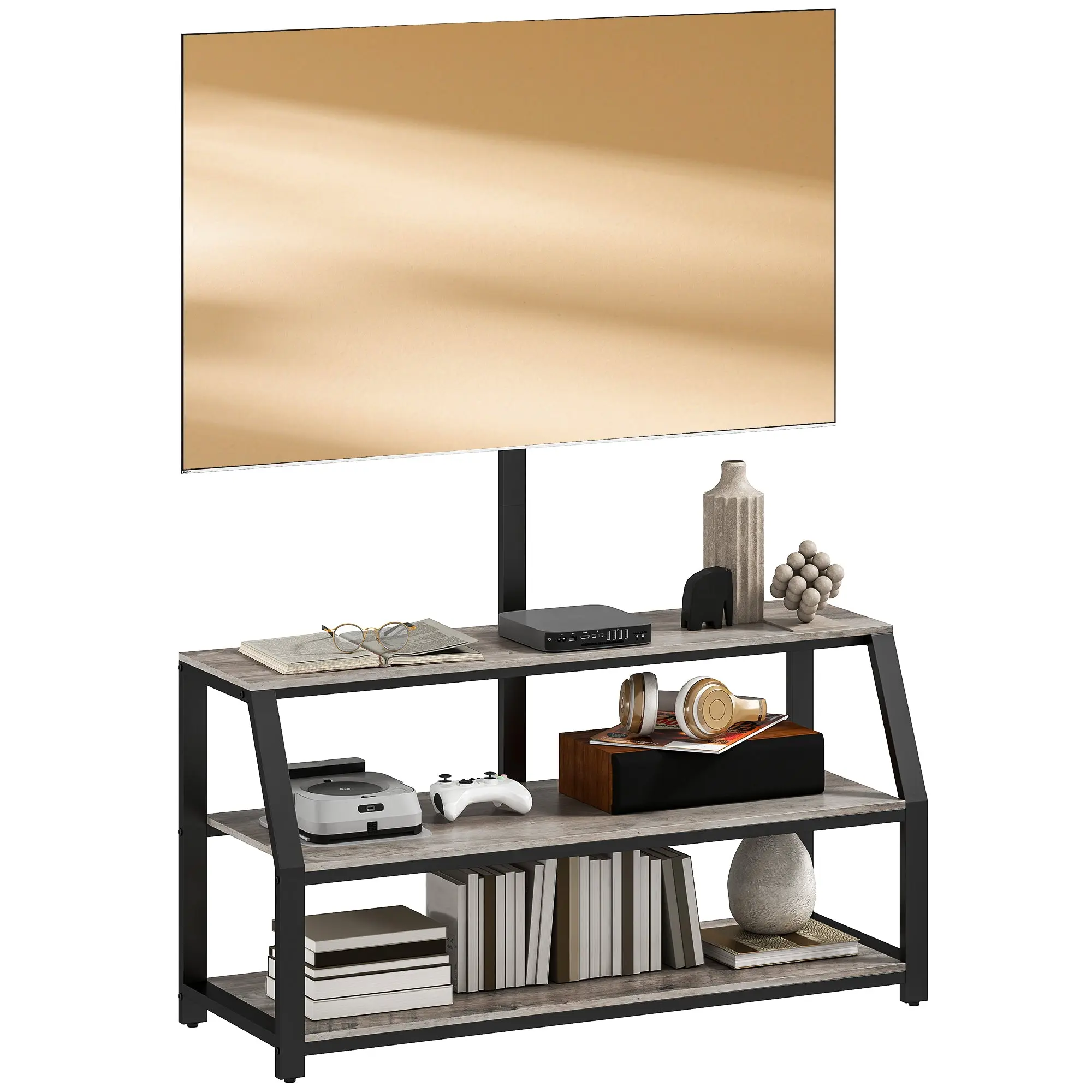 TV Unit with Mount for TVs up to 72", 110 cm (43.3") TV Stand with 2 Open Shelves and Metal Frame, Gray