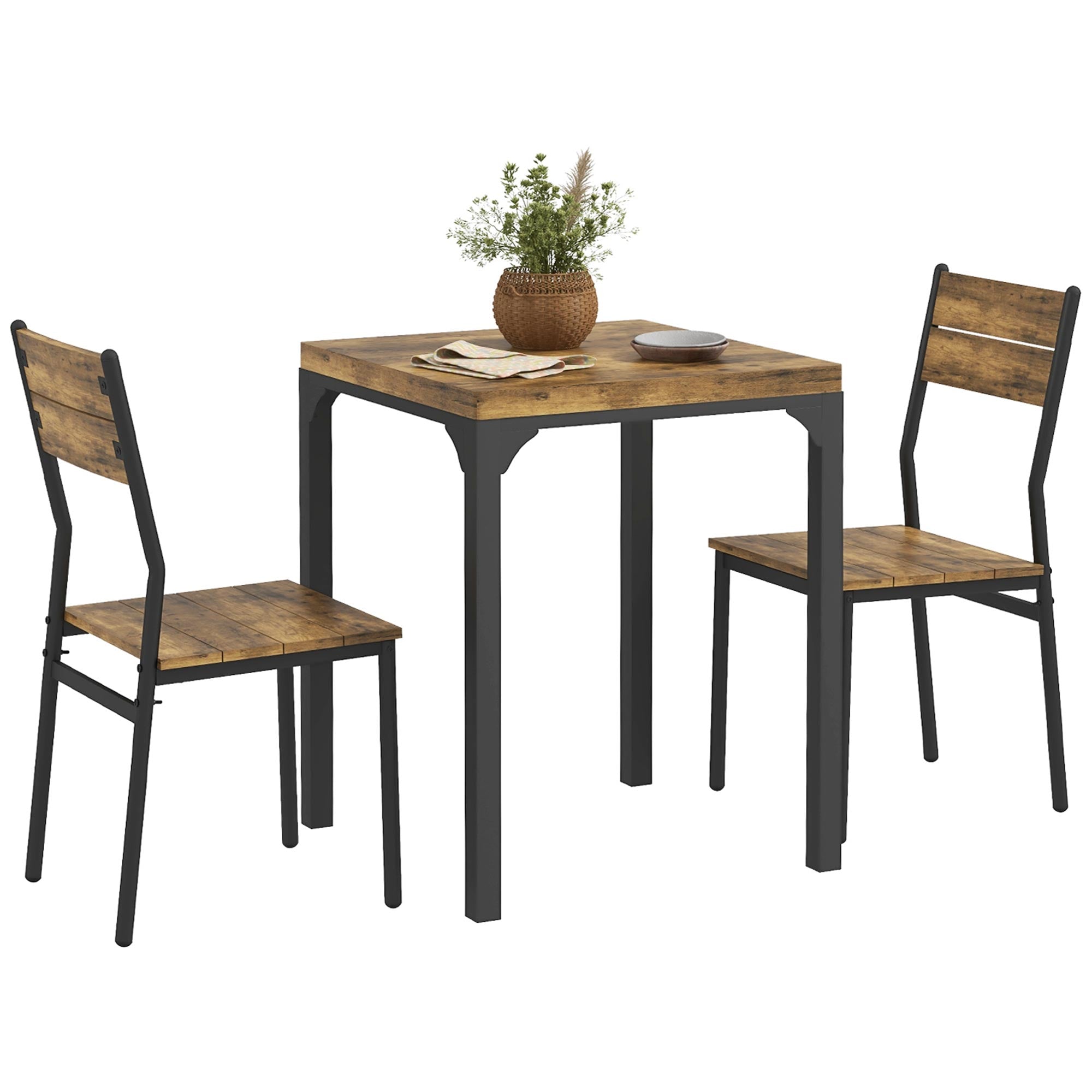 HOMCOM 3-Teiliges Esszimmer Set - Esstisch mit 2 Stühlen, Küchentisch mit Metallrahmen, Rustikbraun