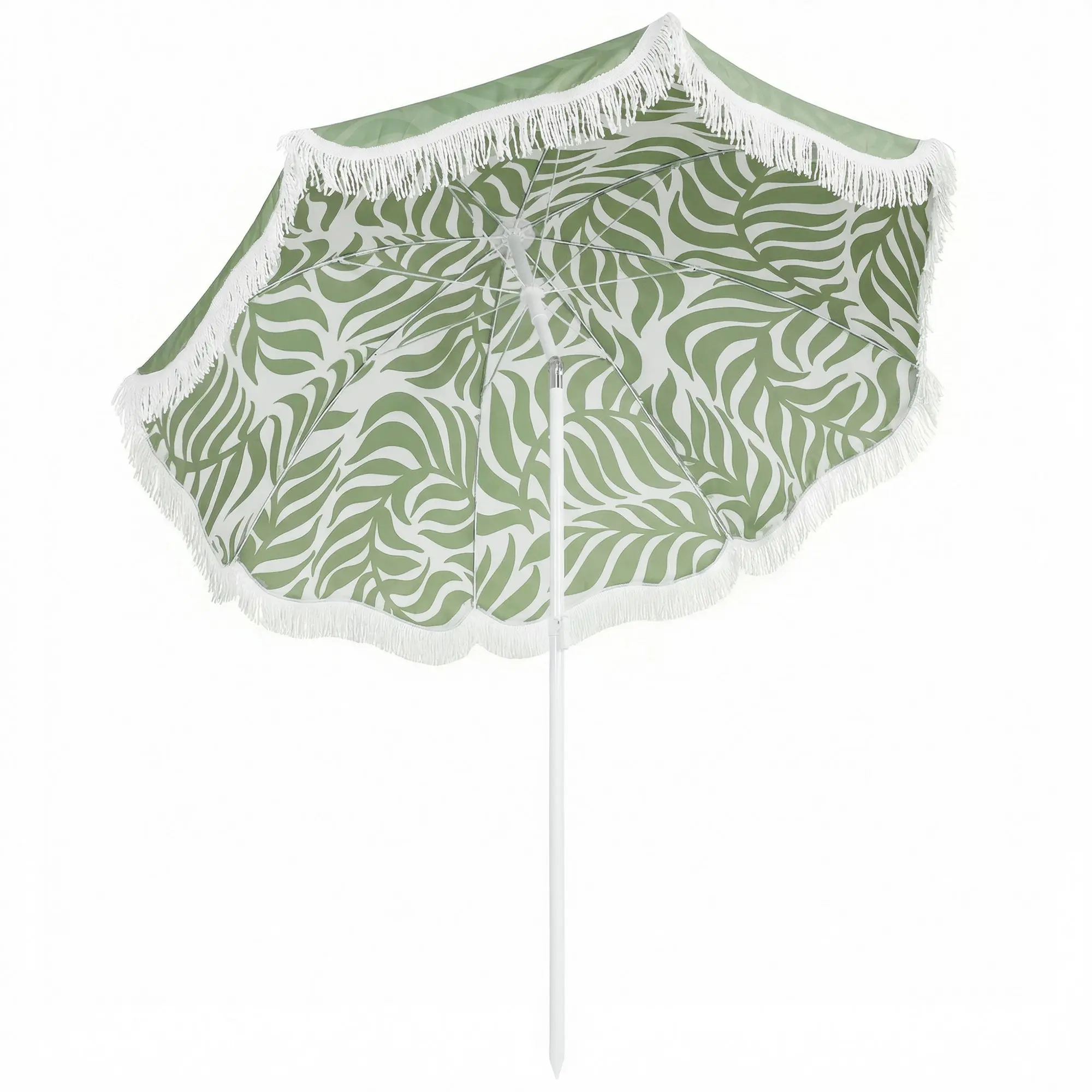 70" Beach Umbrella with Fringe – Adjustable Height & Tilt, Sand Anchor, UPF30+, Leaf Print (Green)