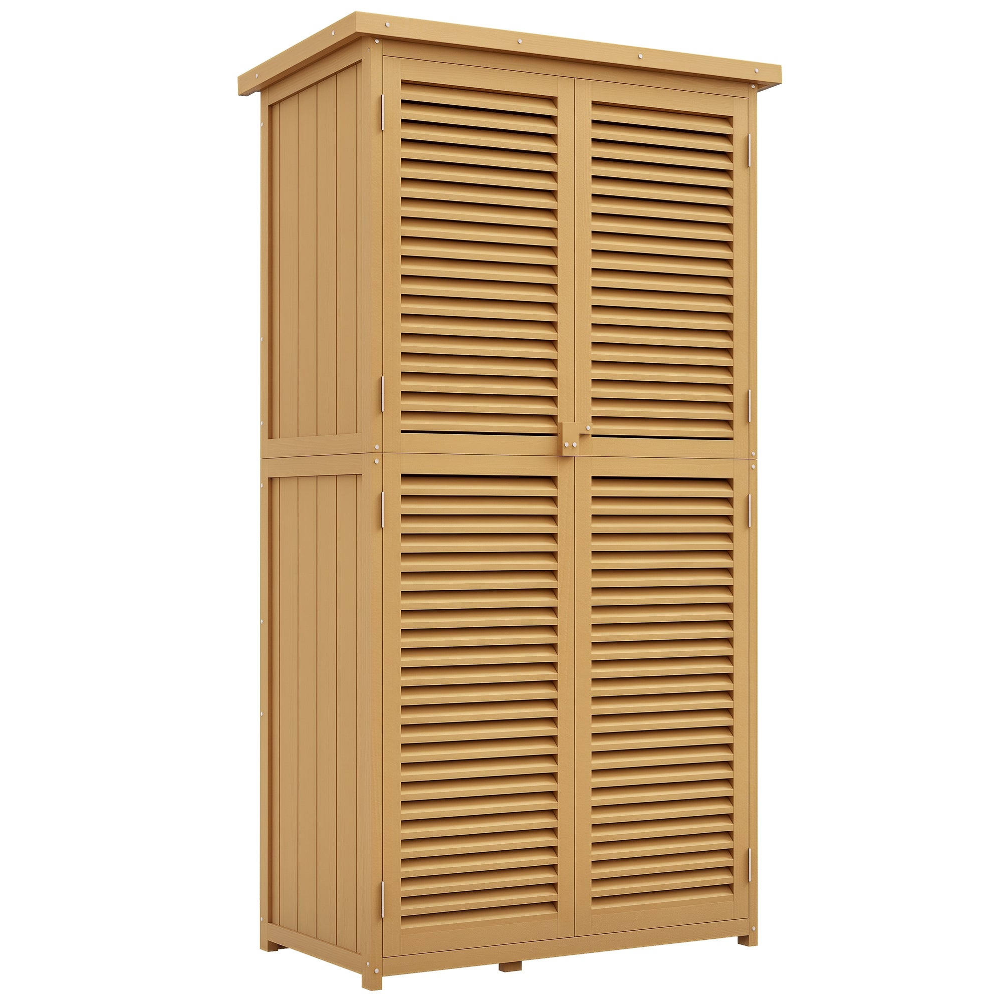 Outsunny Gartenhaus aus Holz mit Asphaltdach, Lamellentür und Regalen – 4 Fächer – Hellgelb – 87 x 46,5 x 160 cm