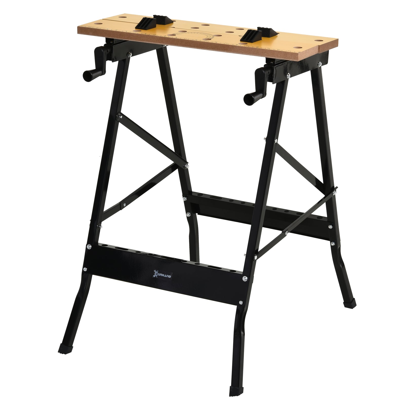 DURHAND Klapp-Arbeitsbank mit Klemmen 2 Handkurbeln als Sägebock Tischler Eisen MDF Tragfähigkeit 100 kg 60,5x62,5x78,5 cm Natur und Schwarz