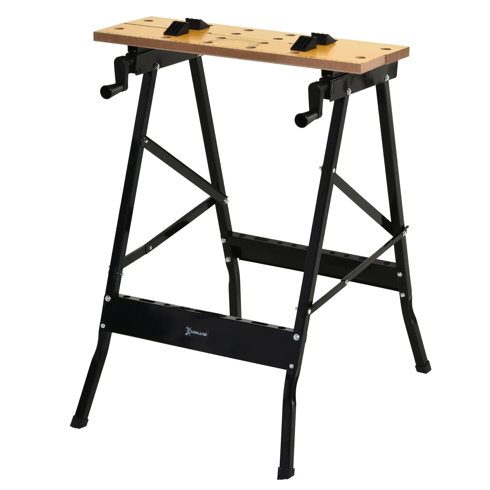 Folding Workbench Work Table with Clamps 2 Hand Cranks as Sawhorse Carpenter Iron MDF Supports 100 kg 60.5x62.5x78.5 cm Natural and Black
