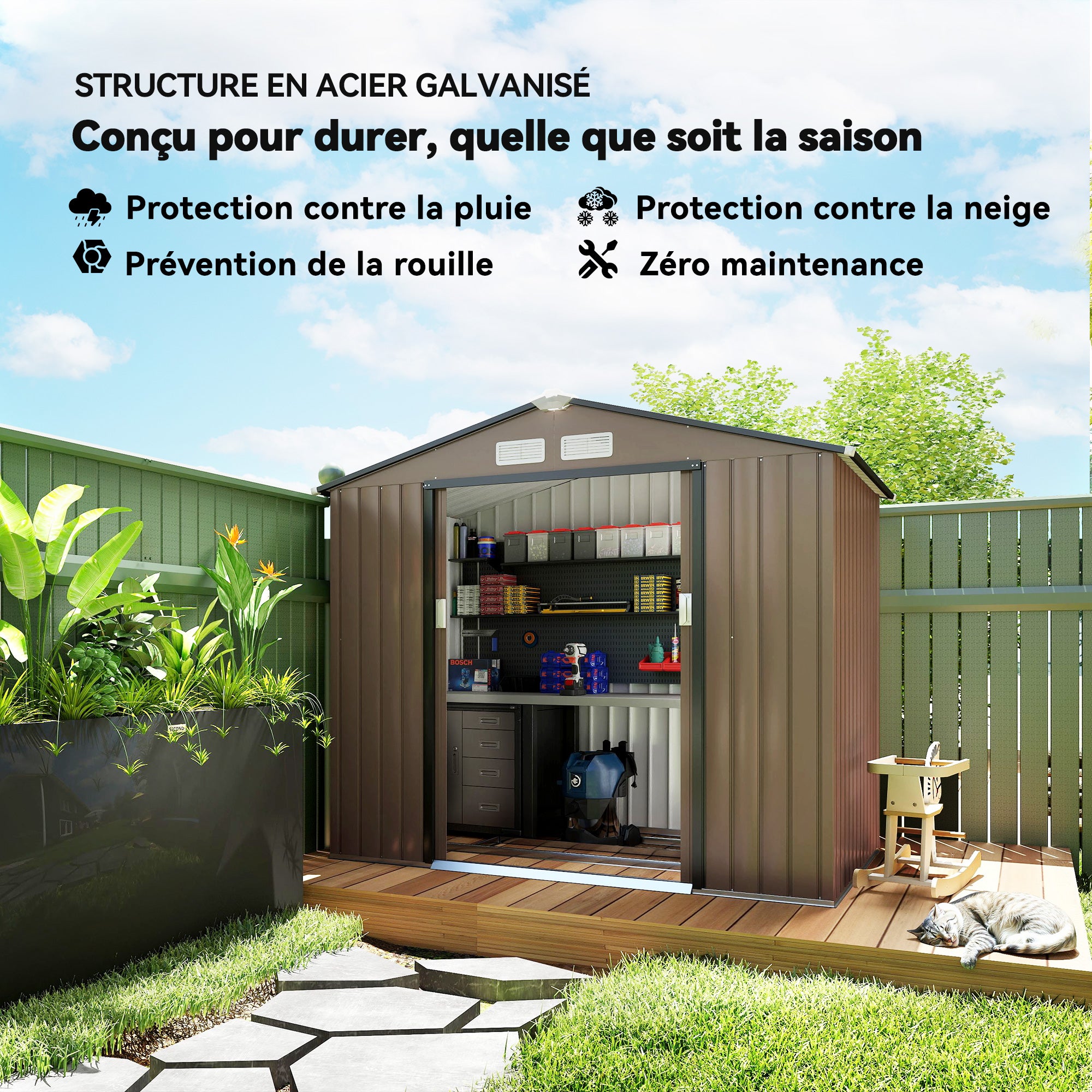 Metal Storage Shed 2.5m? - Storage Shed with Foundation - Lockable Door - Dimensions 213L x 130W x 185H cm - Brown Steel Sheet