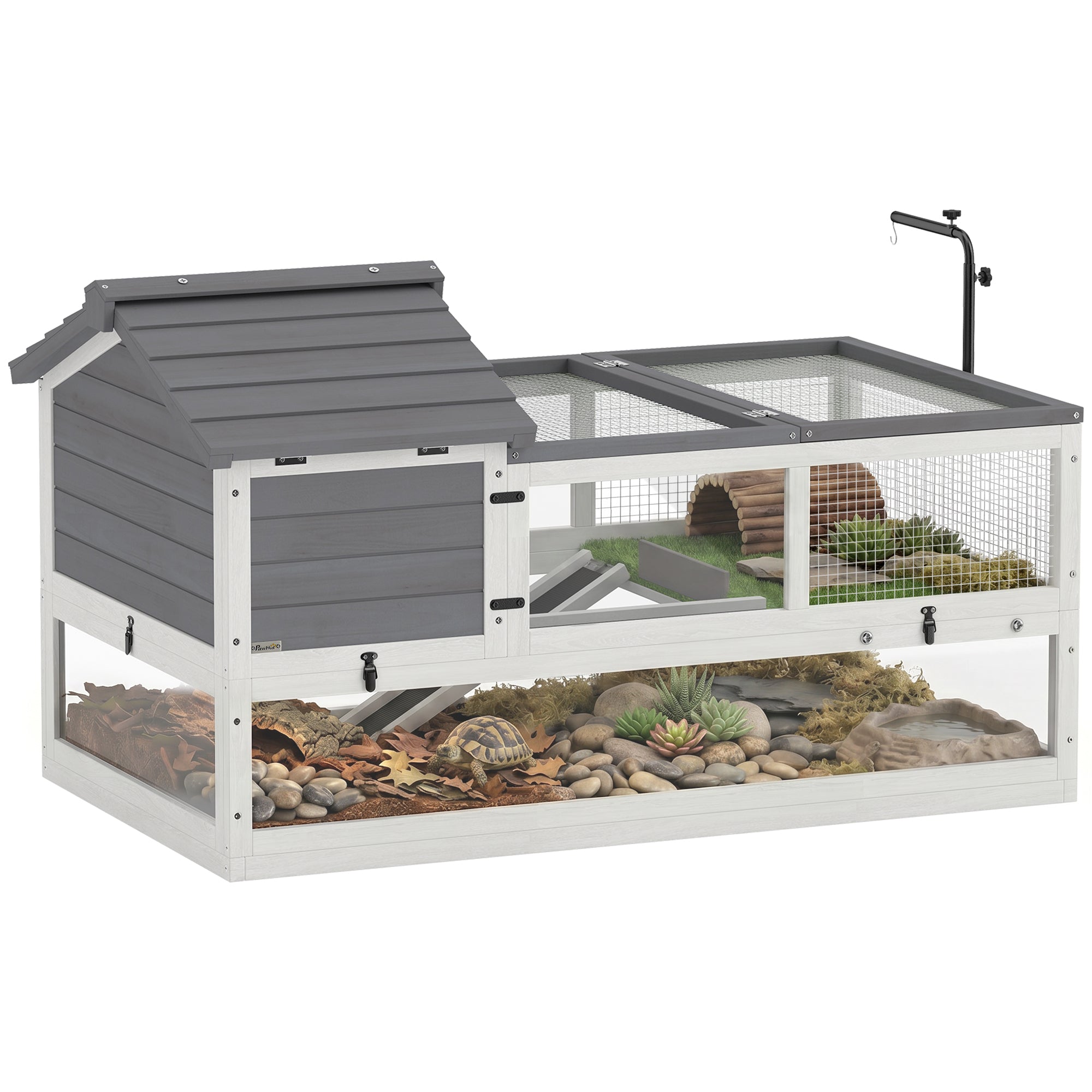 Wooden Turtle House — Two-Level Turtle Enclosure with Hinged Top & Adjustable Lamp Holder, Outdoor Reptile Terrarium for Turtles and Reptiles, 116 x 70.5 x 69.5 cm (45.7 x 27.8 x 27.4 in), Gray