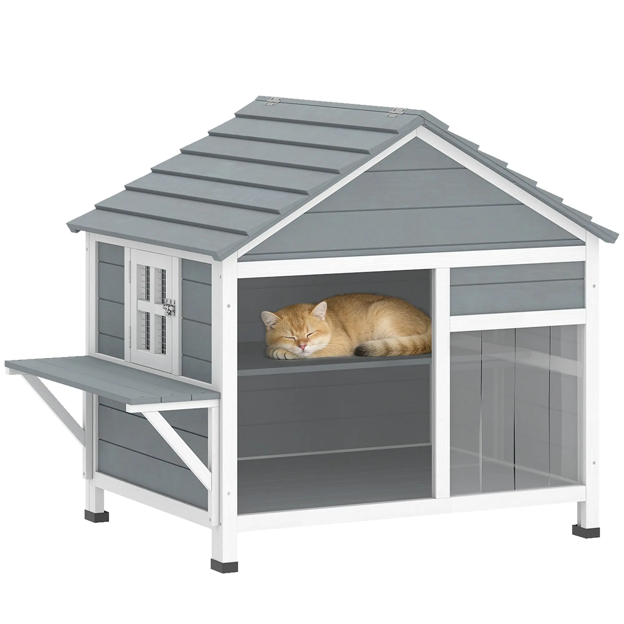 Two-Story Outdoor Cat House — Wooden Elevated Shelter with Opening Roof, Clear Window, Multiple Doors & Side Platform, Fits 1–2 Cats, 101 × 72.5 × 81 cm (39.8 × 28.5 × 31.9 in), Gray