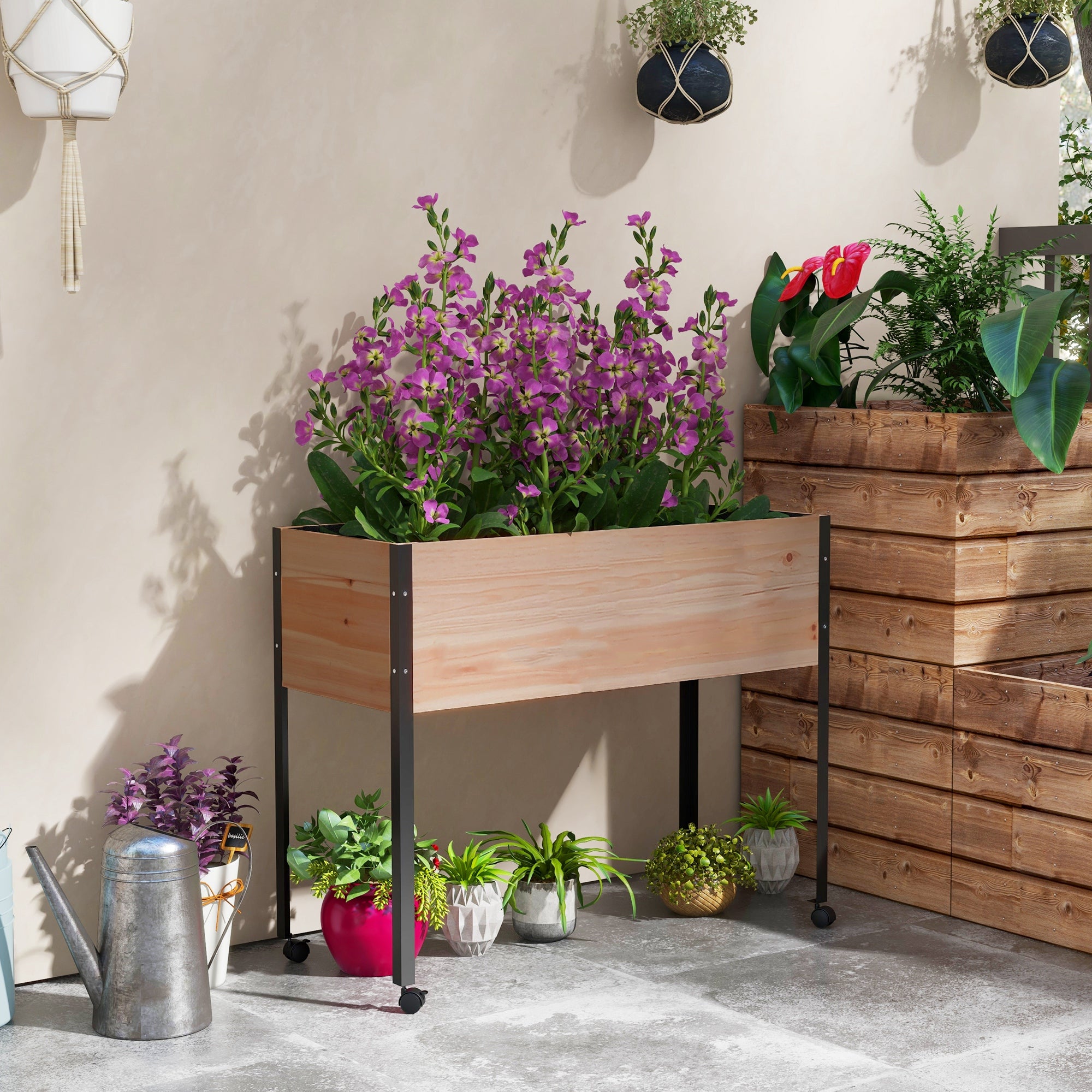 Raised Planter on Legs with 4 Wheels, Irrigation Inserts + Drainage Fleece included Spruce Wood and Metal